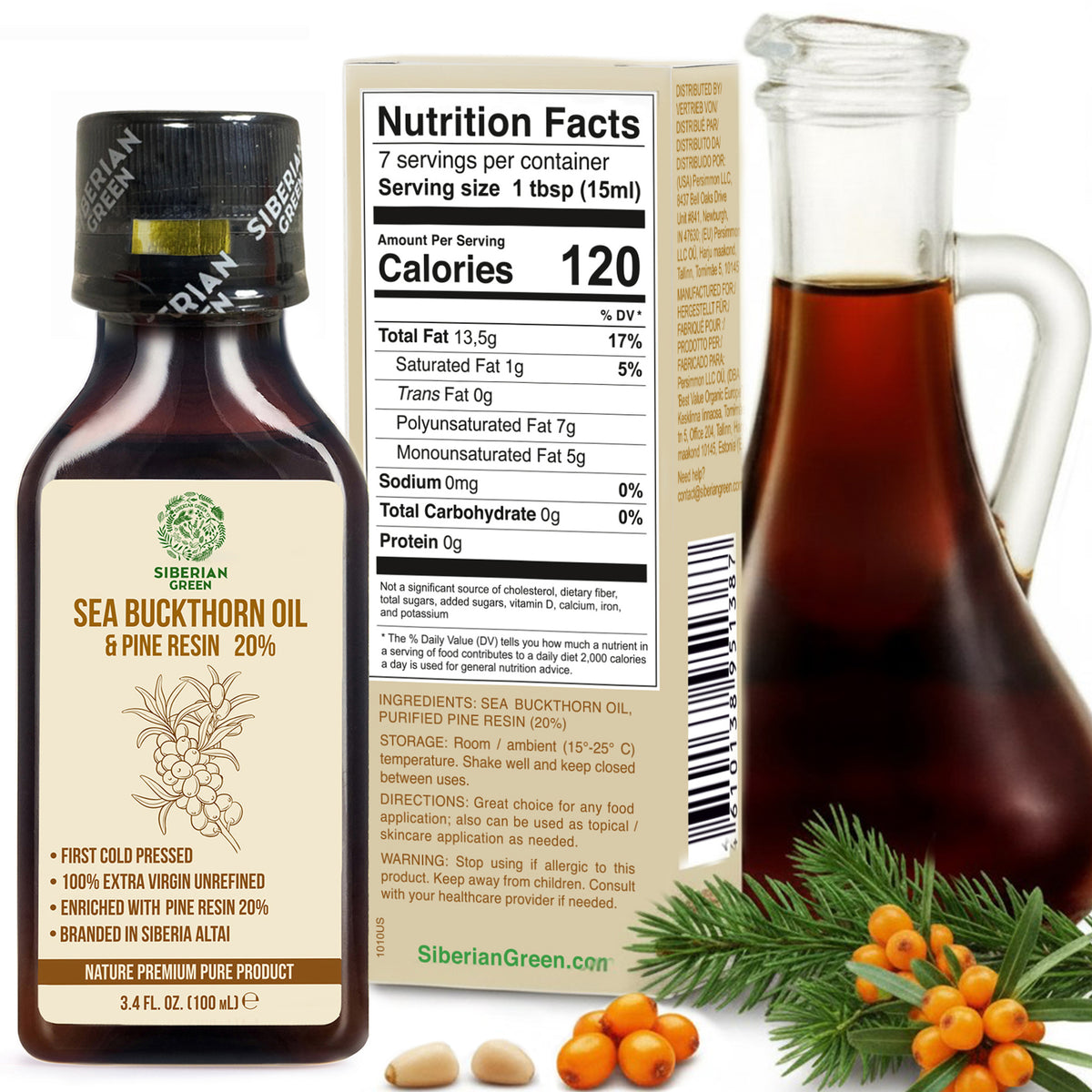 Siberian Green Sea Buckthorn Oil with Pine Cedar Resin – 100% Pure & Cold-Pressed | 100ml