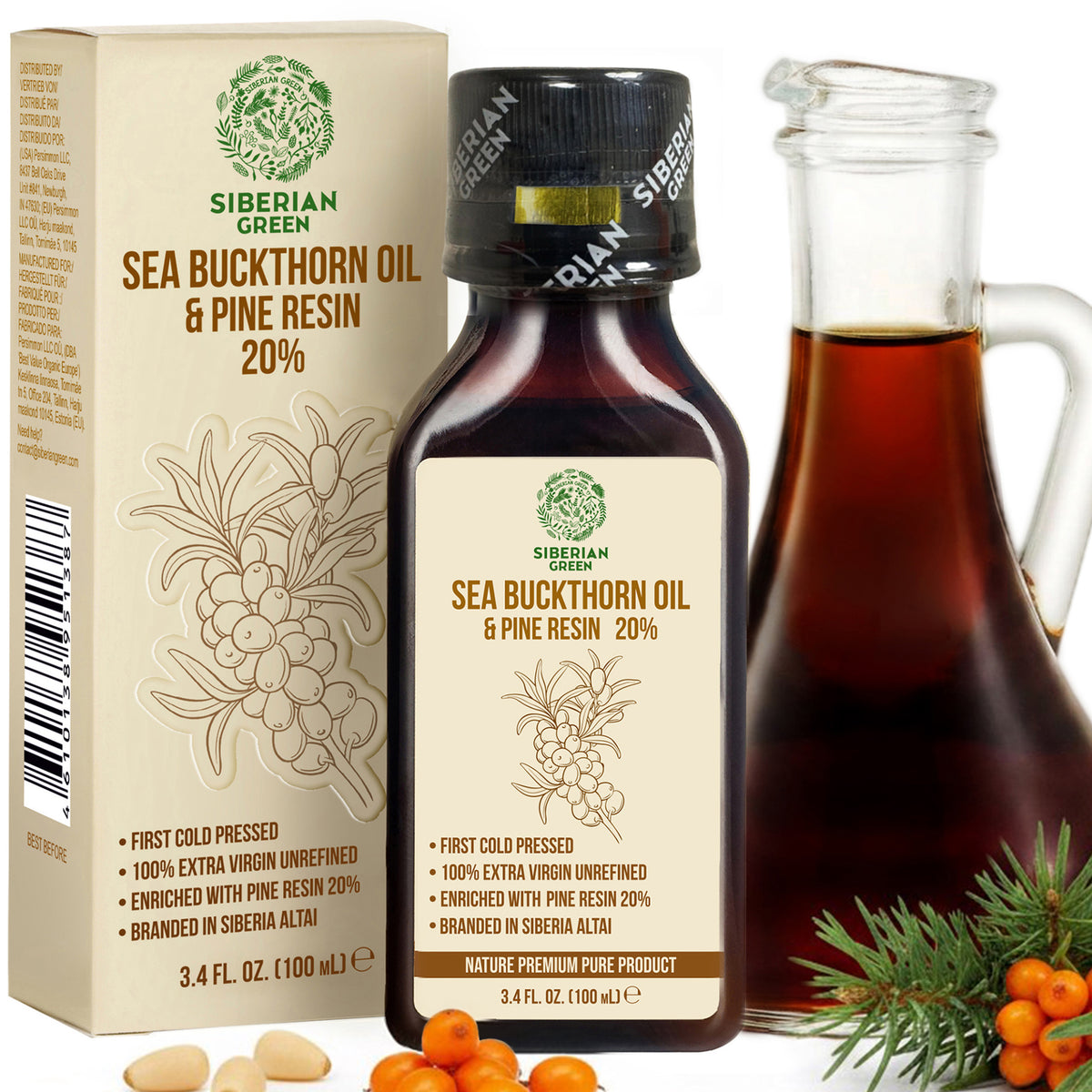 Siberian Green Sea Buckthorn Oil with Pine Cedar Resin – 100% Pure & Cold-Pressed | 100ml