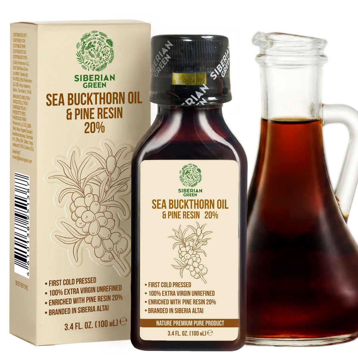 Siberian Green Sea Buckthorn Oil with Pine Cedar Resin – 100% Pure & Cold-Pressed | 100ml