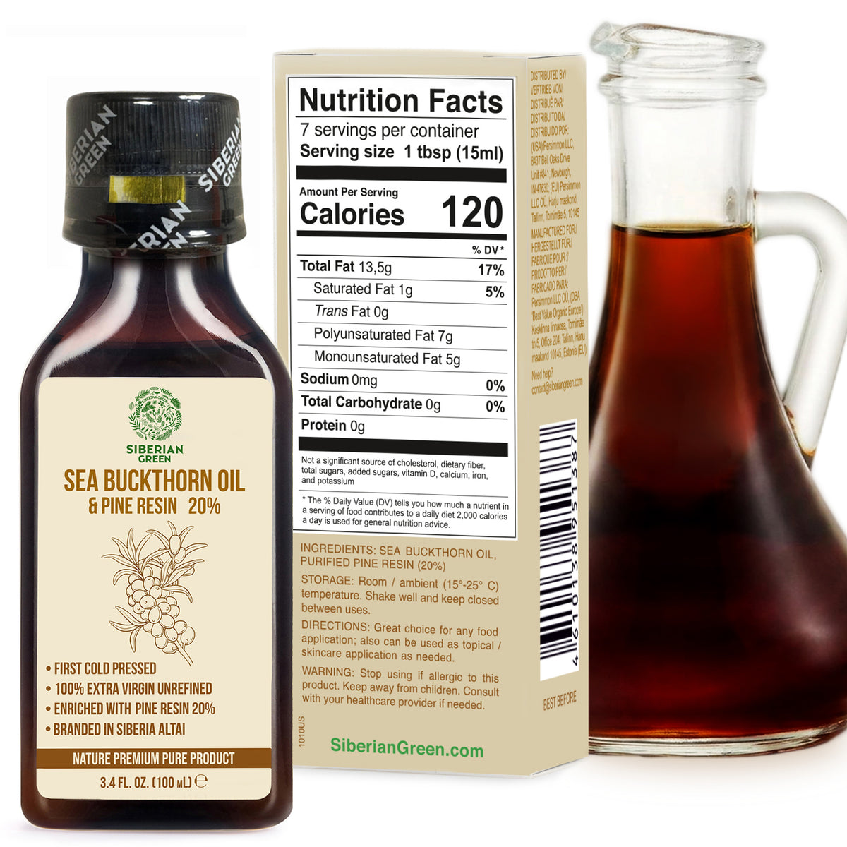 Siberian Green Sea Buckthorn Oil with Pine Cedar Resin – 100% Pure & Cold-Pressed | 100ml