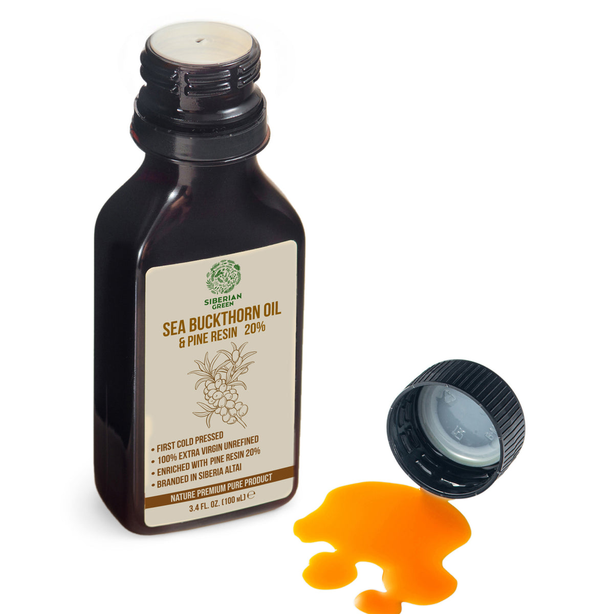 Siberian Green Sea Buckthorn Oil with Pine Cedar Resin – 100% Pure & Cold-Pressed | 100ml