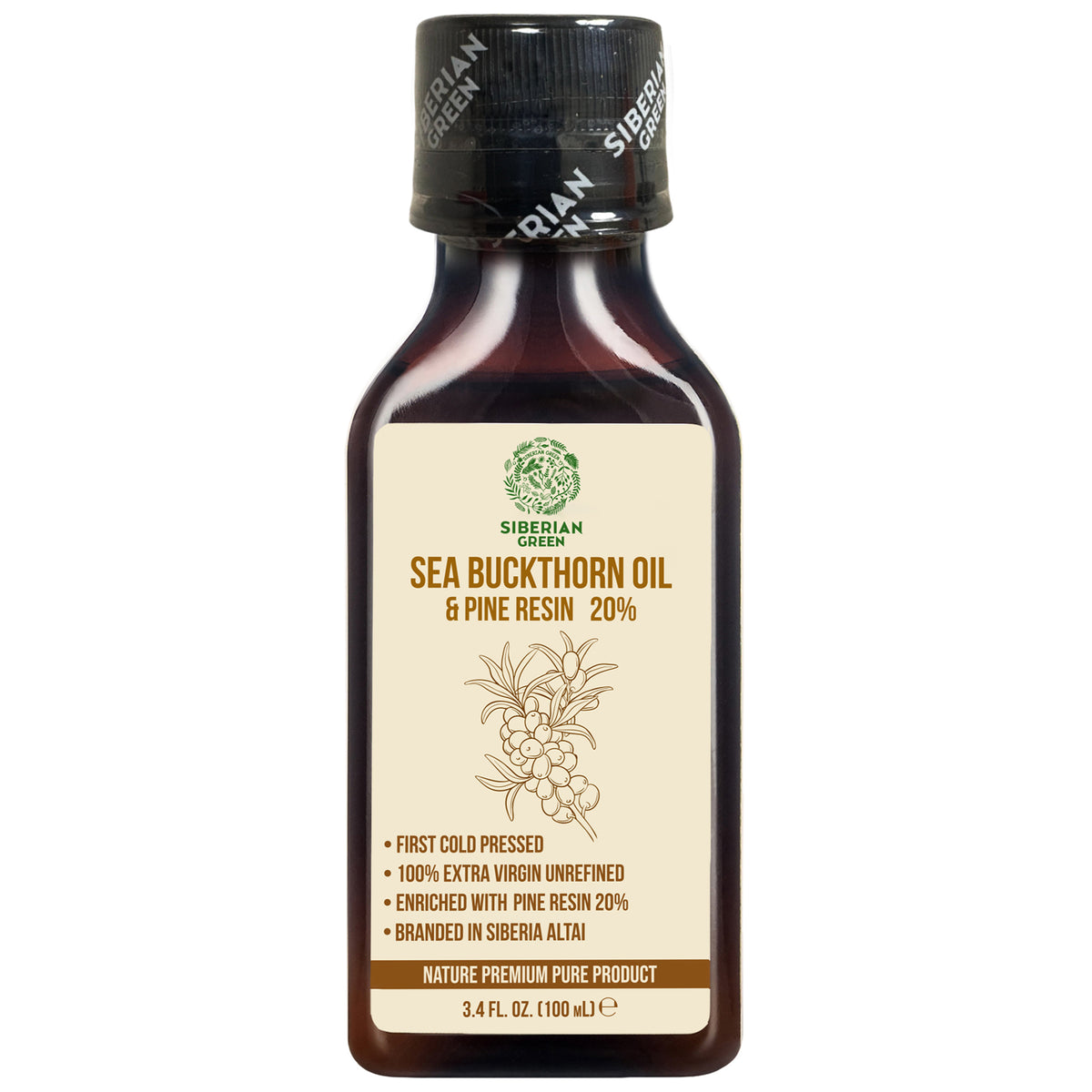 Siberian Green Sea Buckthorn Oil with Pine Cedar Resin – 100% Pure & Cold-Pressed | 100ml