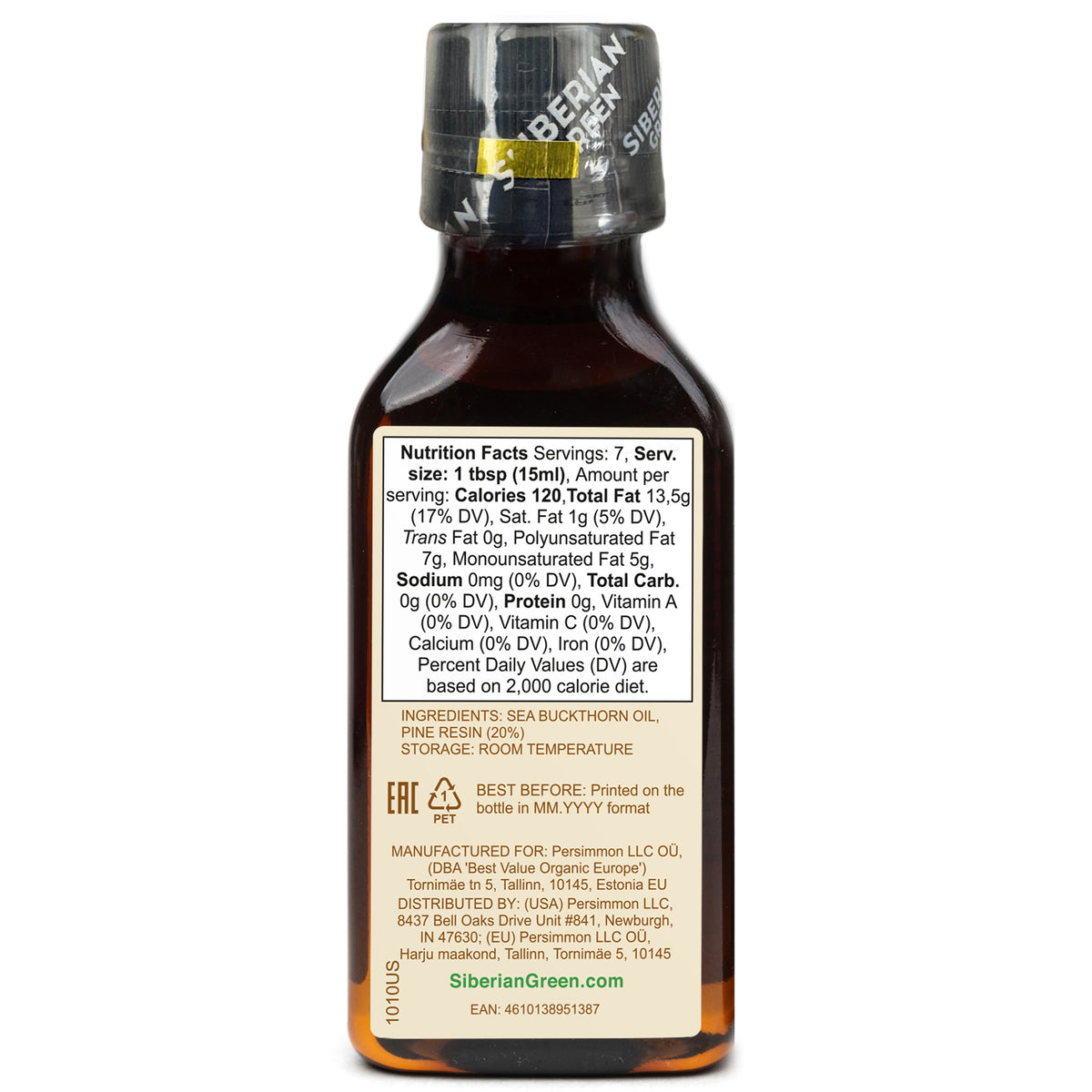 Siberian Green Sea Buckthorn Oil with Pine Cedar Resin – 100% Pure & Cold-Pressed | 100ml
