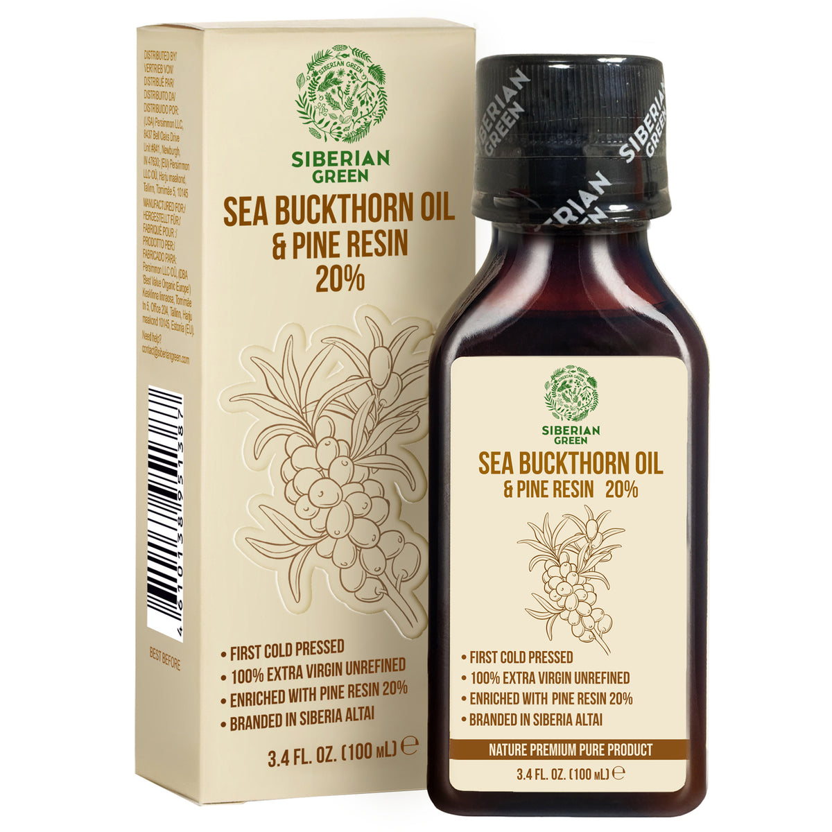 Siberian Green Sea Buckthorn Oil with Pine Cedar Resin – 100% Pure & Cold-Pressed | 100ml