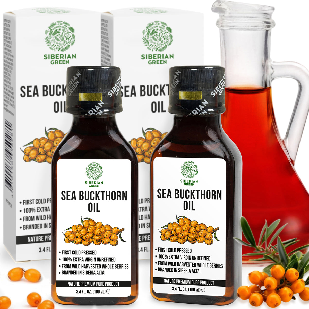 2-Pack Siberian Green Sea Buckthorn Oil – A Must Have For Skin, Hair Treatment and Wellness