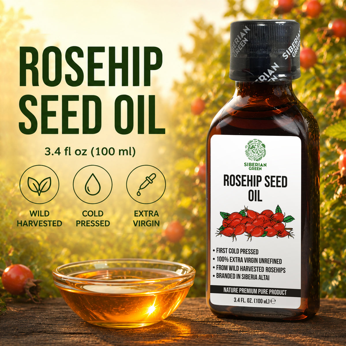 Siberian Green Rosehip Seed Oil – 100% Extra Virgin Cold-Pressed – Natural Face, Skin, Hair and Wellness Oil – 100 ml