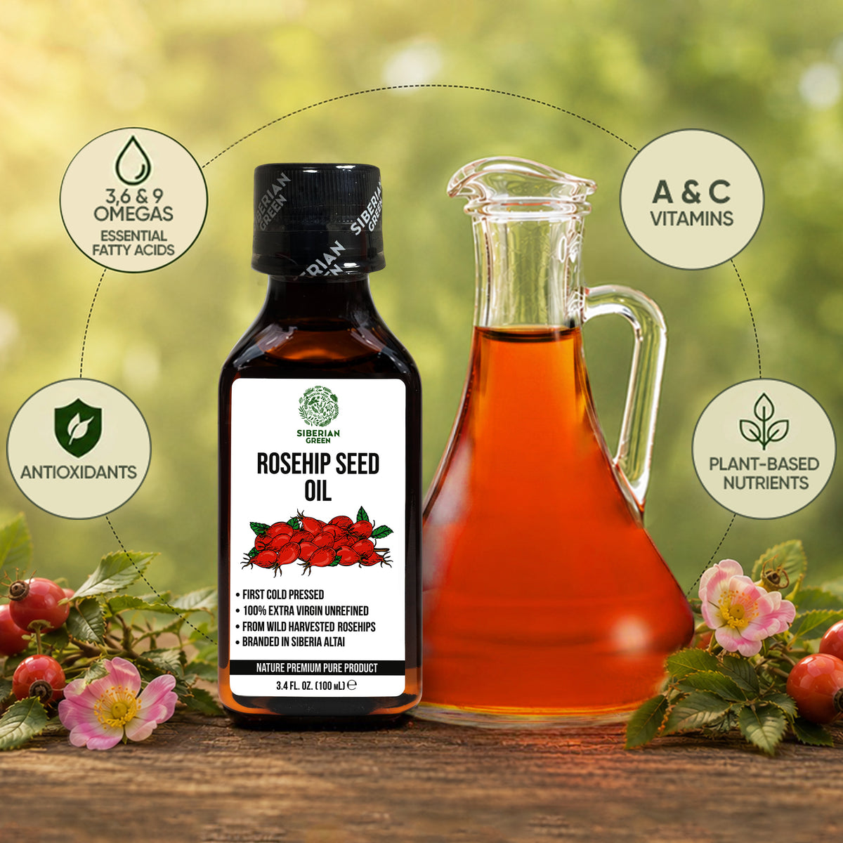 Siberian Green Rosehip Seed Oil – 100% Extra Virgin Cold-Pressed – Natural Face, Skin, Hair and Wellness Oil – 100 ml