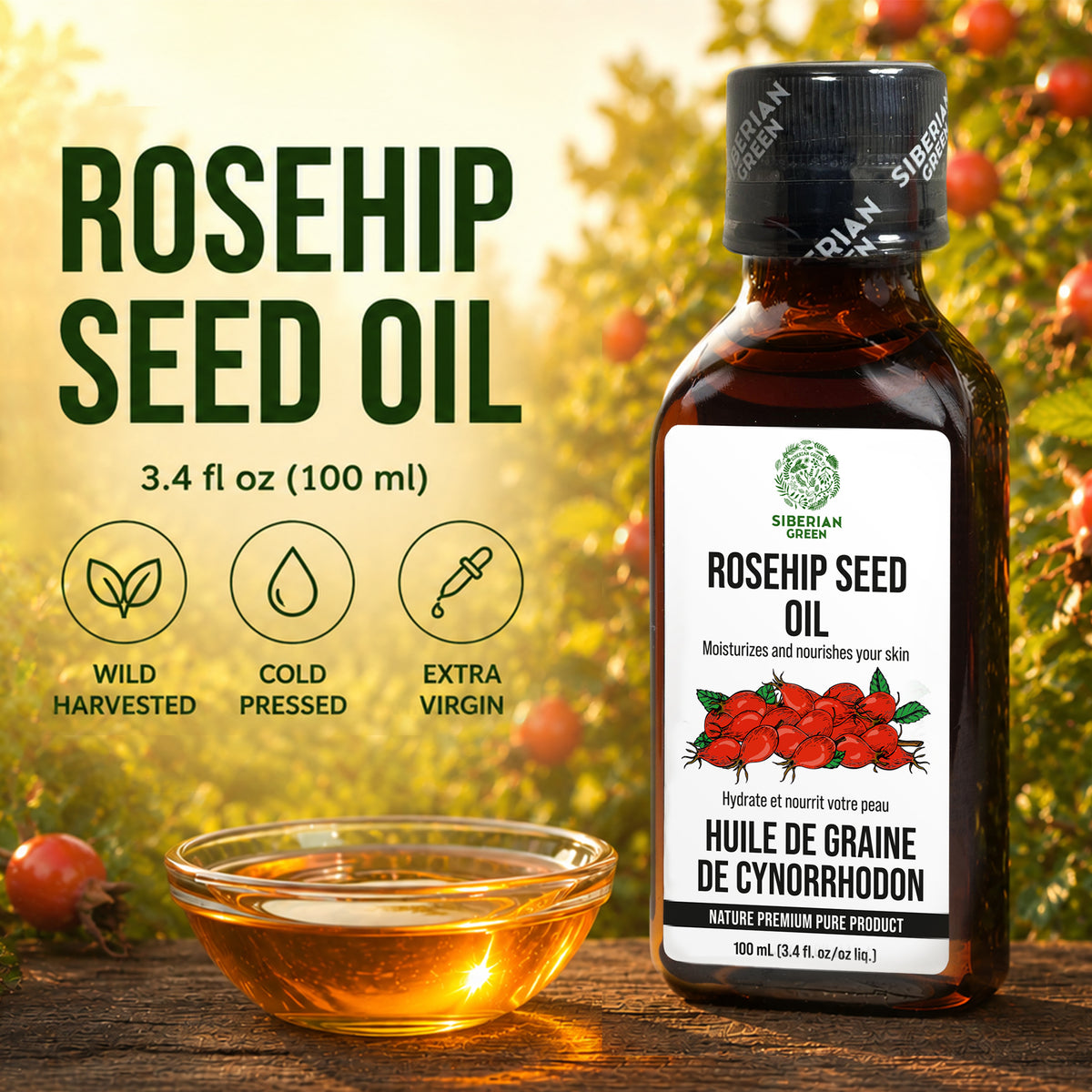 Siberian Green Rosehip Seed Oil 100 ml – Extra Virgin Cold-Pressed Botanical Oil for Face, Skin and Hair