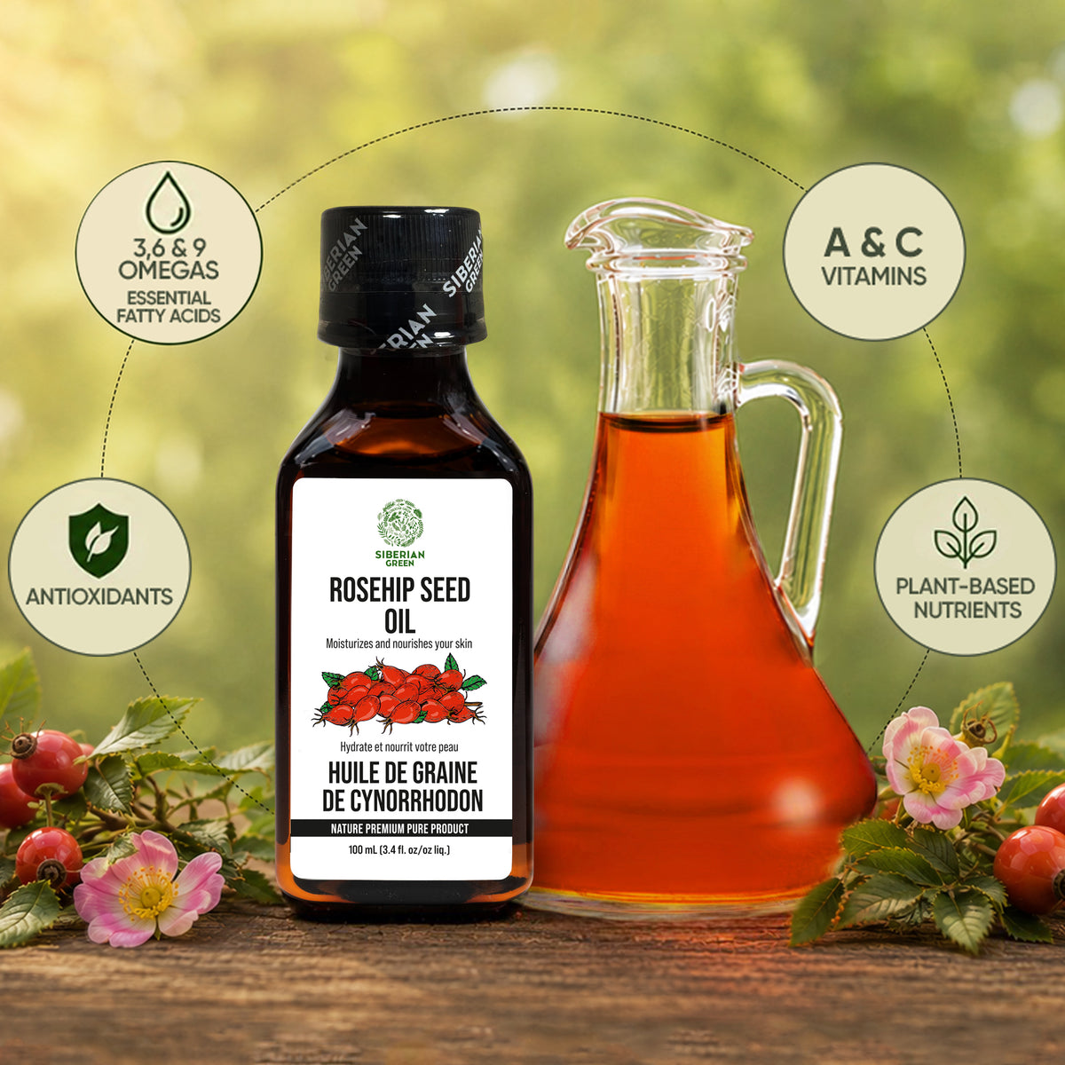 Siberian Green Rosehip Seed Oil 100 ml – Extra Virgin Cold-Pressed Botanical Oil for Face, Skin and Hair