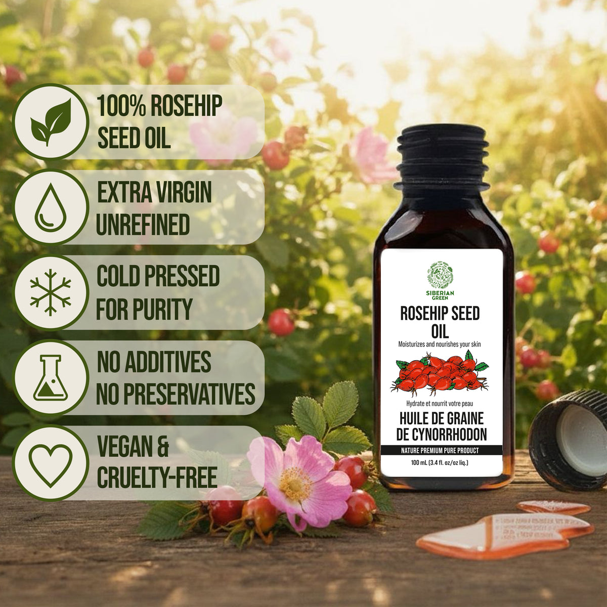 Siberian Green Rosehip Seed Oil 100 ml – Extra Virgin Cold-Pressed Botanical Oil for Face, Skin and Hair