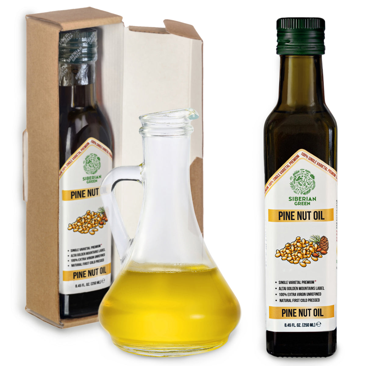 Siberian Green Organic Pine Nut Oil - Cold Pressed 250ml (Glass Bottle)
