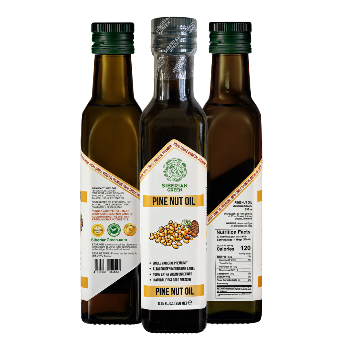 Siberian Green Organic Pine Nut Oil - Cold Pressed 250ml (Glass Bottle)