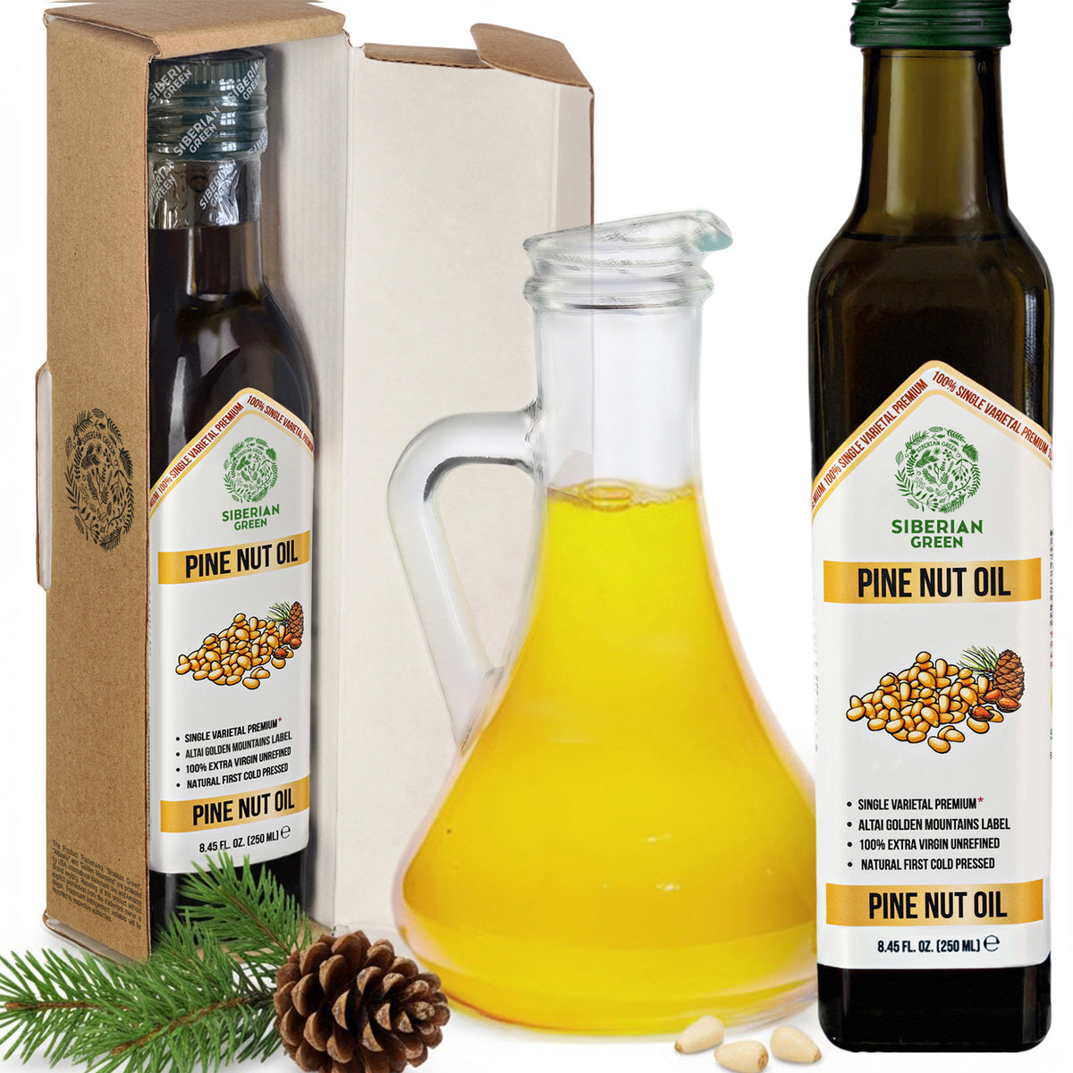 Siberian Green Organic Pine Nut Oil - Cold Pressed 250ml (Glass Bottle)