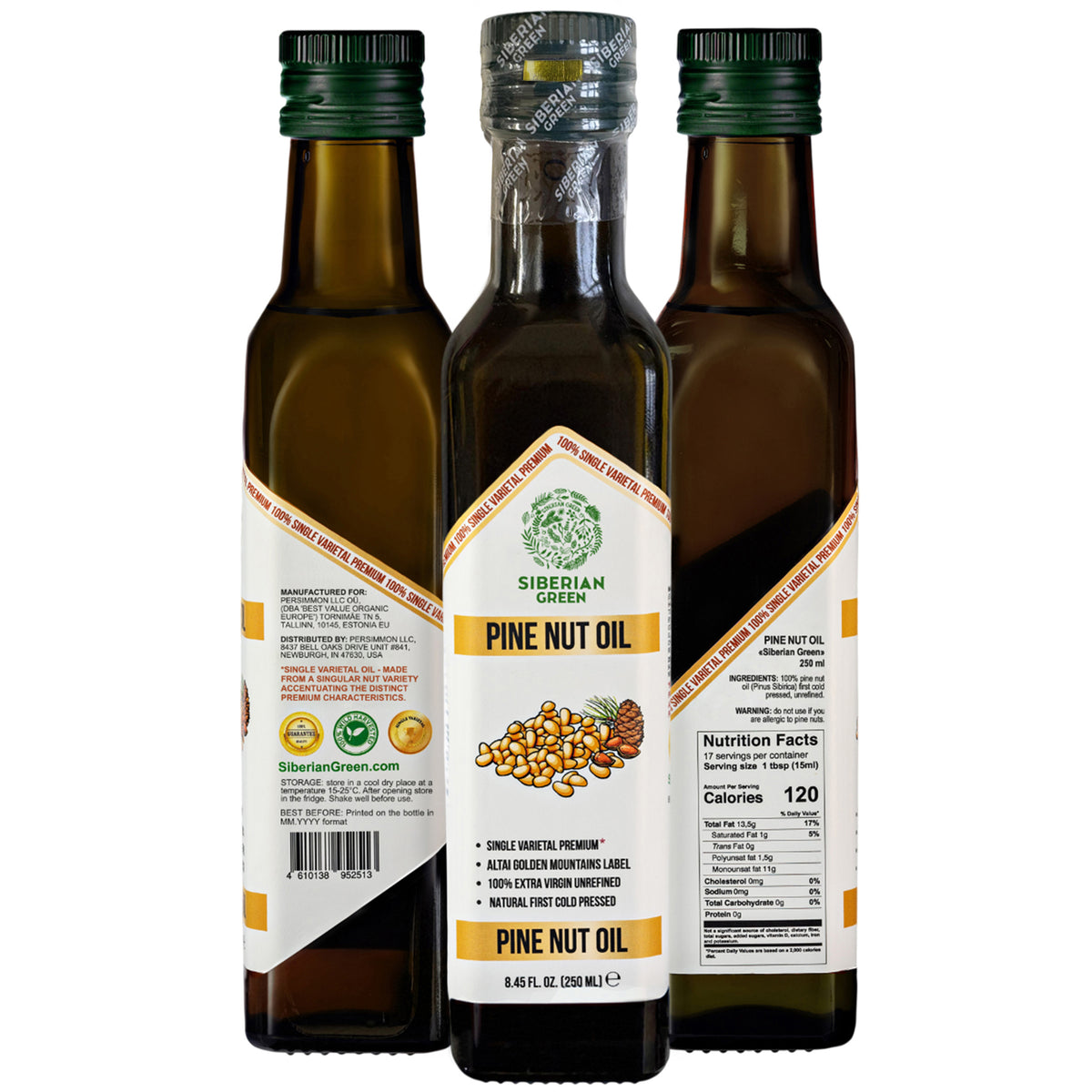 Siberian Green Organic Pine Nut Oil - Cold Pressed 250ml (Glass Bottle)