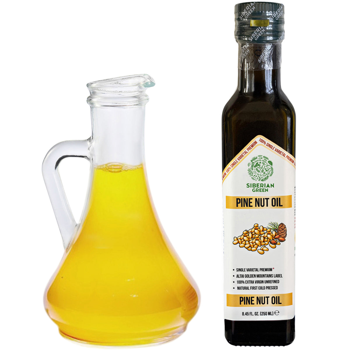 Siberian Green Organic Pine Nut Oil - Cold Pressed 250ml (Glass Bottle)