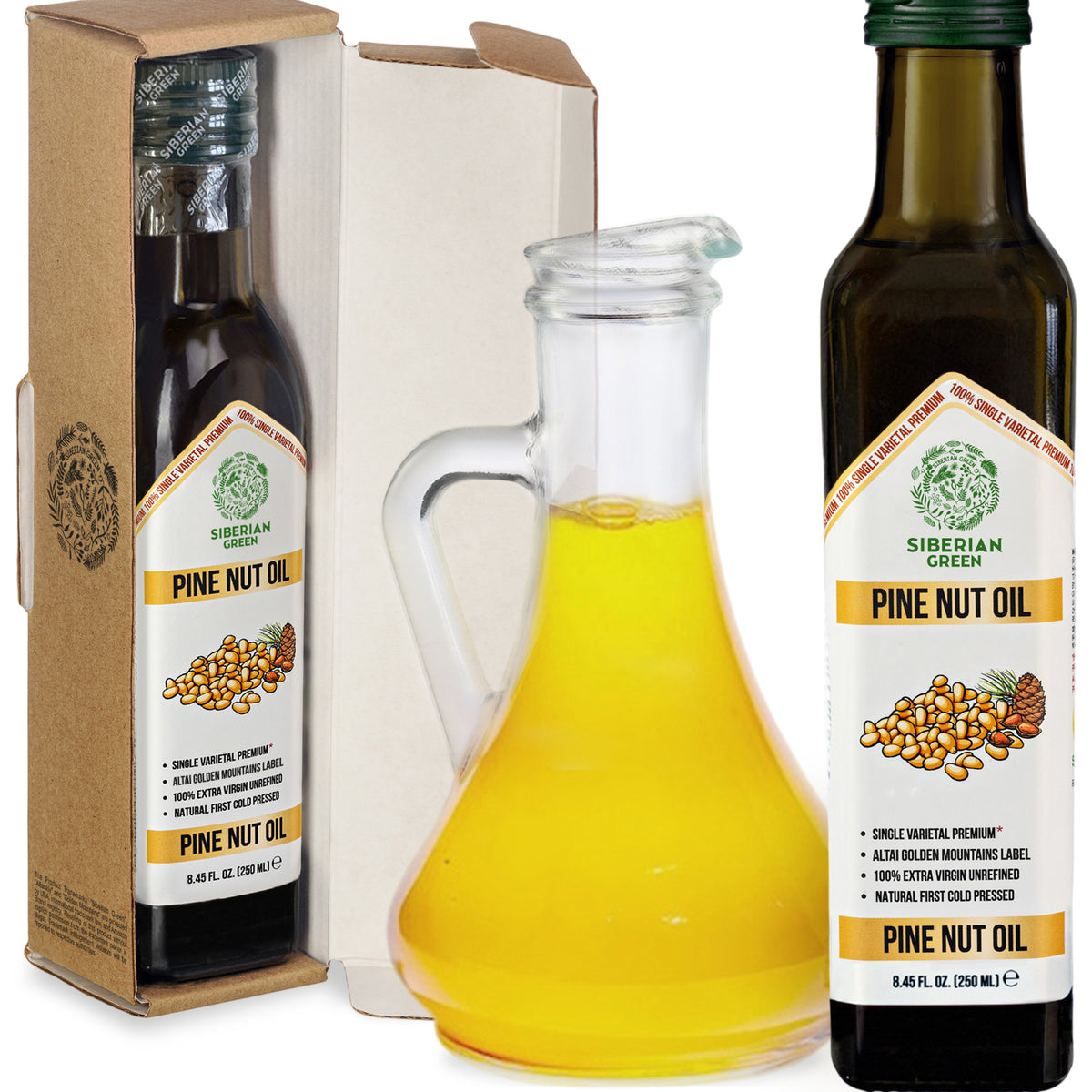 Siberian Green Organic Pine Nut Oil - Cold Pressed 250ml (Glass Bottle)
