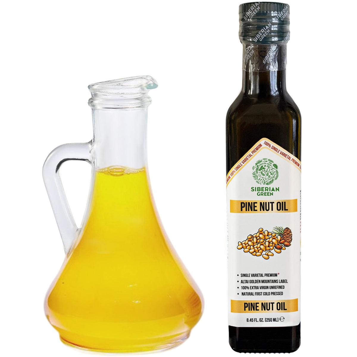 Siberian Green Organic Pine Nut Oil - Cold Pressed 250ml (Glass Bottle)