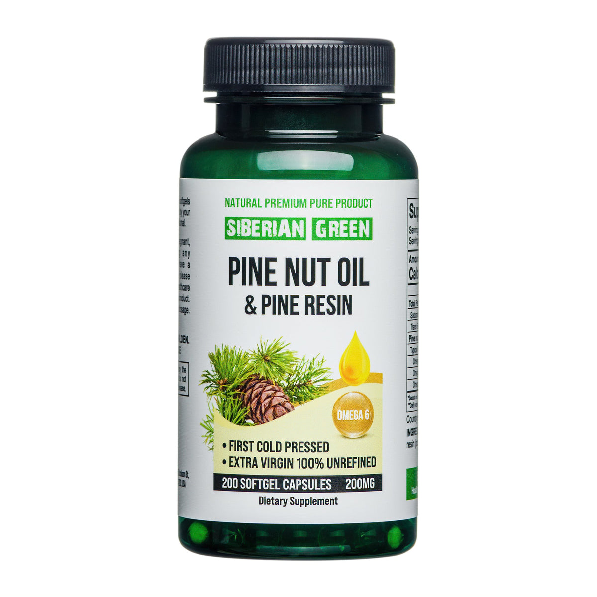 Siberian Green Pine Nut Oil w/Pine Resin Capsules 200 Softgels Wild Harvested Siberia Altai Cold Pressed Unrefined