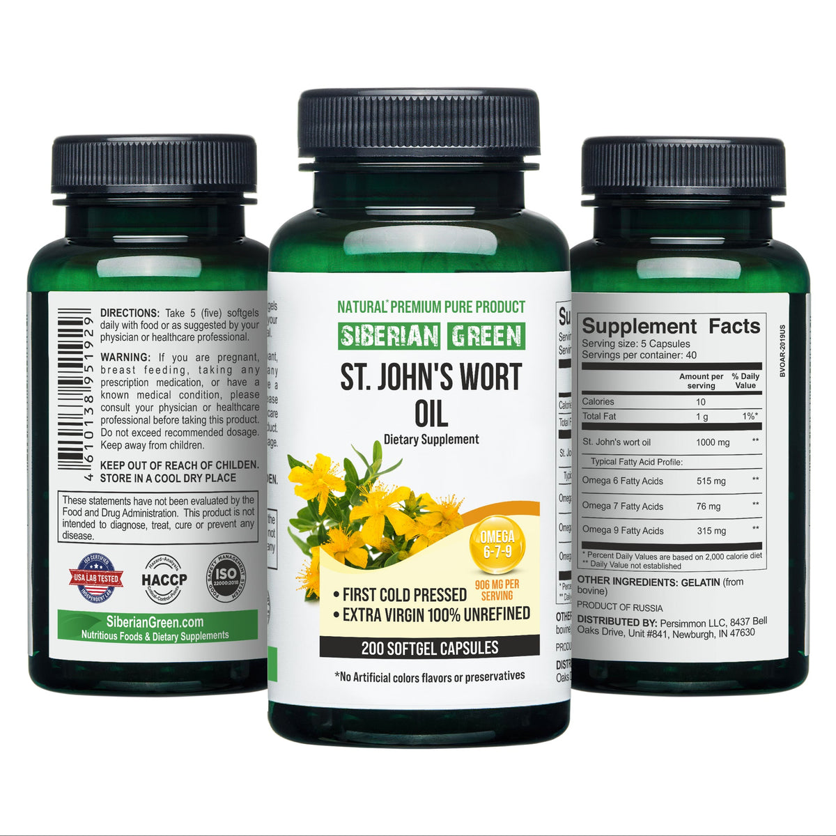 Siberian Green St.John&#39;s Wort Oil Capsules 200 Softgels Wild Harvested Siberia Altai Cold Pressed Unrefined