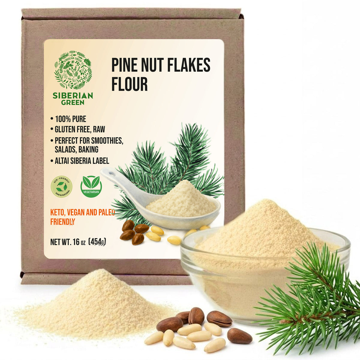 Siberian Pine Nut Flakes Flour (Kernel) Powder 454g (1 lbs) Organic Wild Harvested 100% Pure