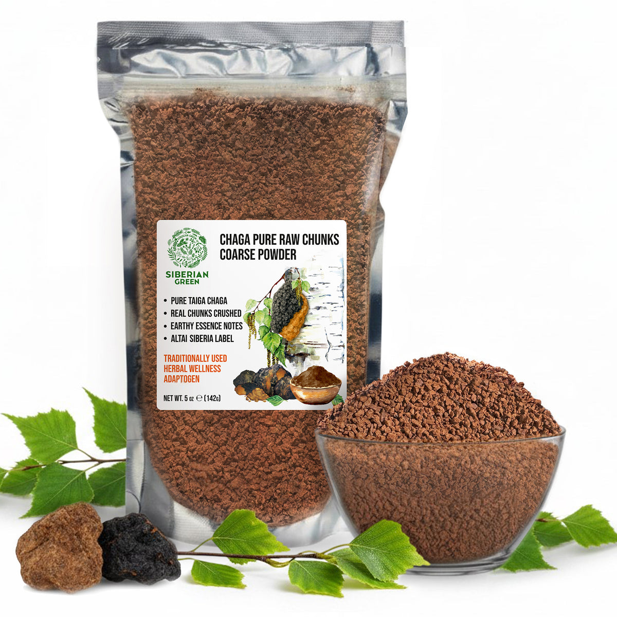 Siberian Green Chaga Pure Raw Chunks Coarse Powder 5 oz (142g) Wildcrafted Mushroom Tea and Adaptogenic Superfood (Inonotus obliquus)