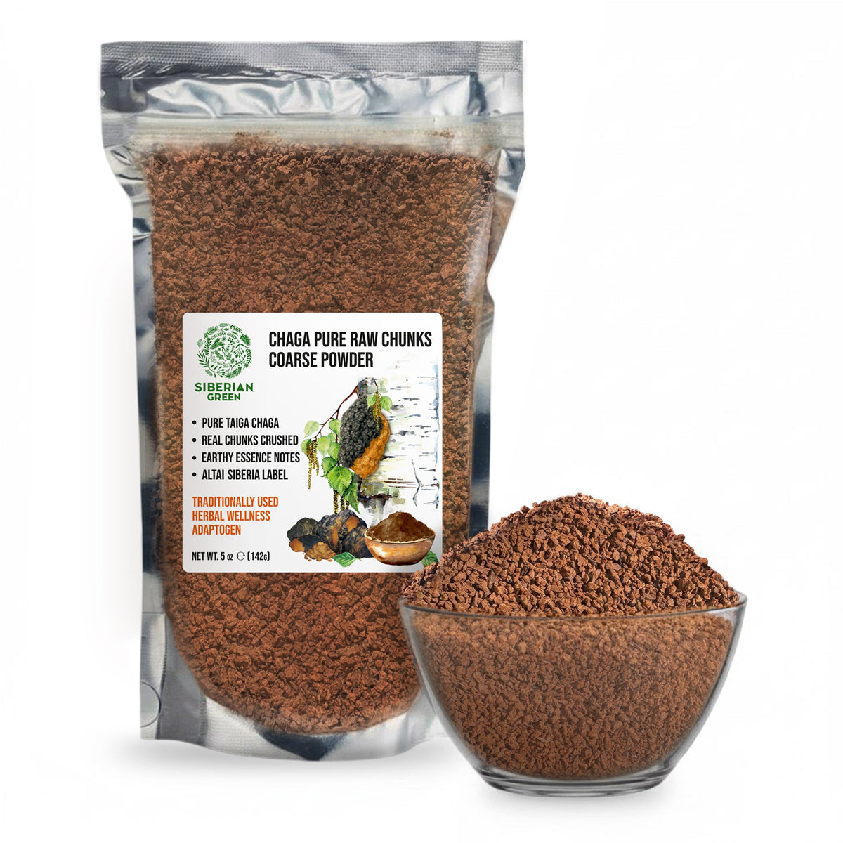 Siberian Green Chaga Pure Raw Chunks Coarse Powder 5 oz (142g) Wildcrafted Mushroom Tea and Adaptogenic Superfood (Inonotus obliquus)