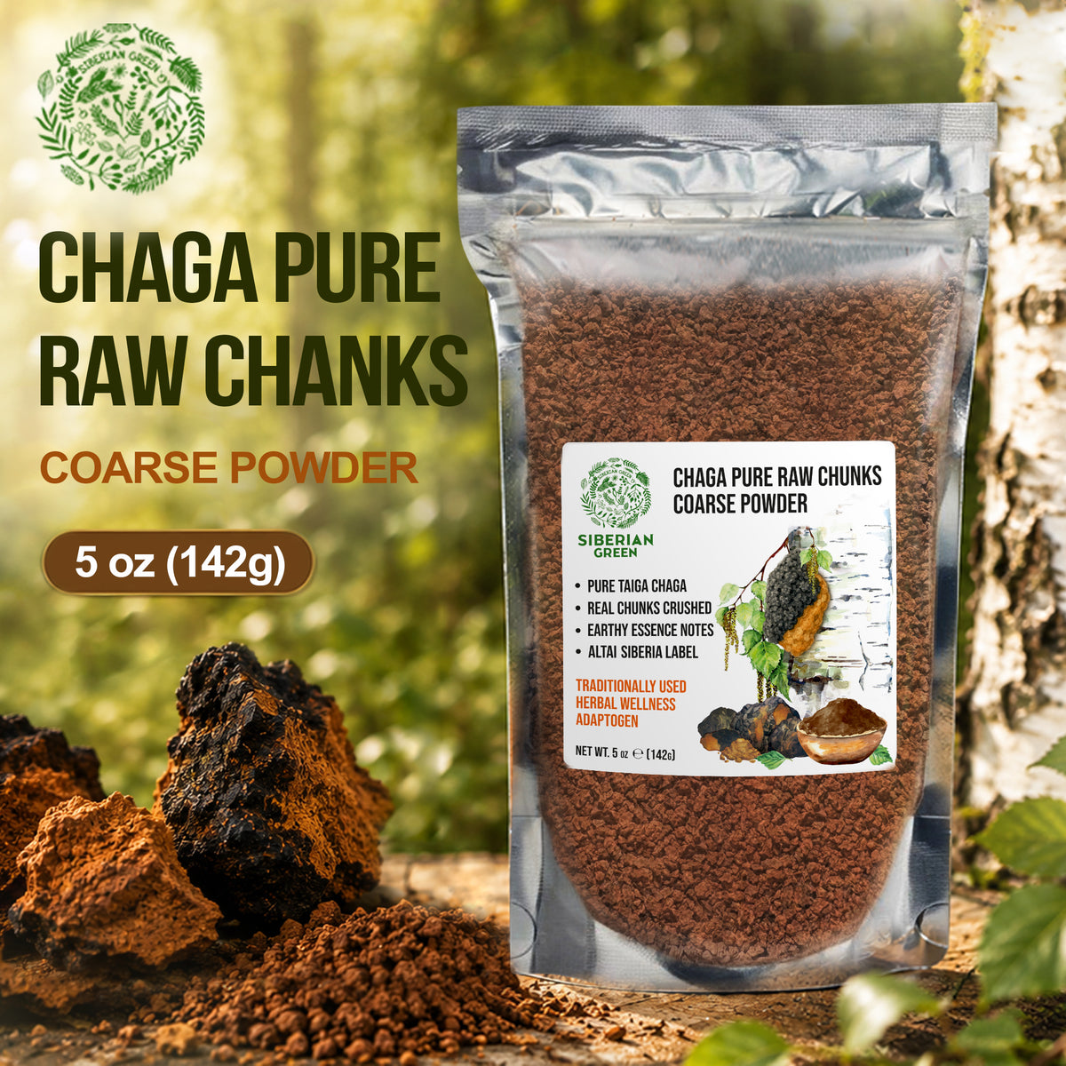 Siberian Green Chaga Pure Raw Chunks Coarse Powder 5 oz (142g) Wildcrafted Mushroom Tea and Adaptogenic Superfood (Inonotus obliquus)