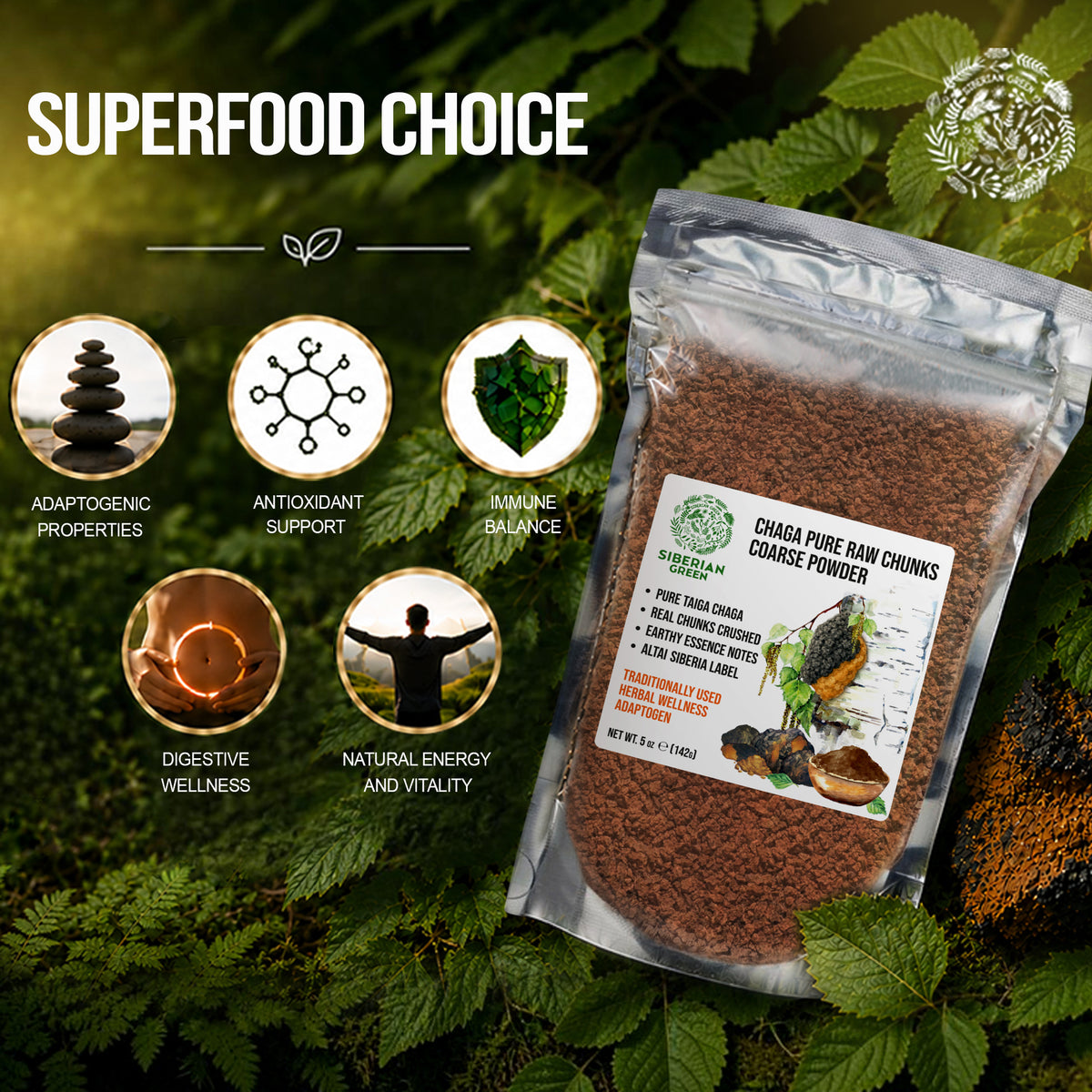 Siberian Green Chaga Pure Raw Chunks Coarse Powder 5 oz (142g) Wildcrafted Mushroom Tea and Adaptogenic Superfood (Inonotus obliquus)