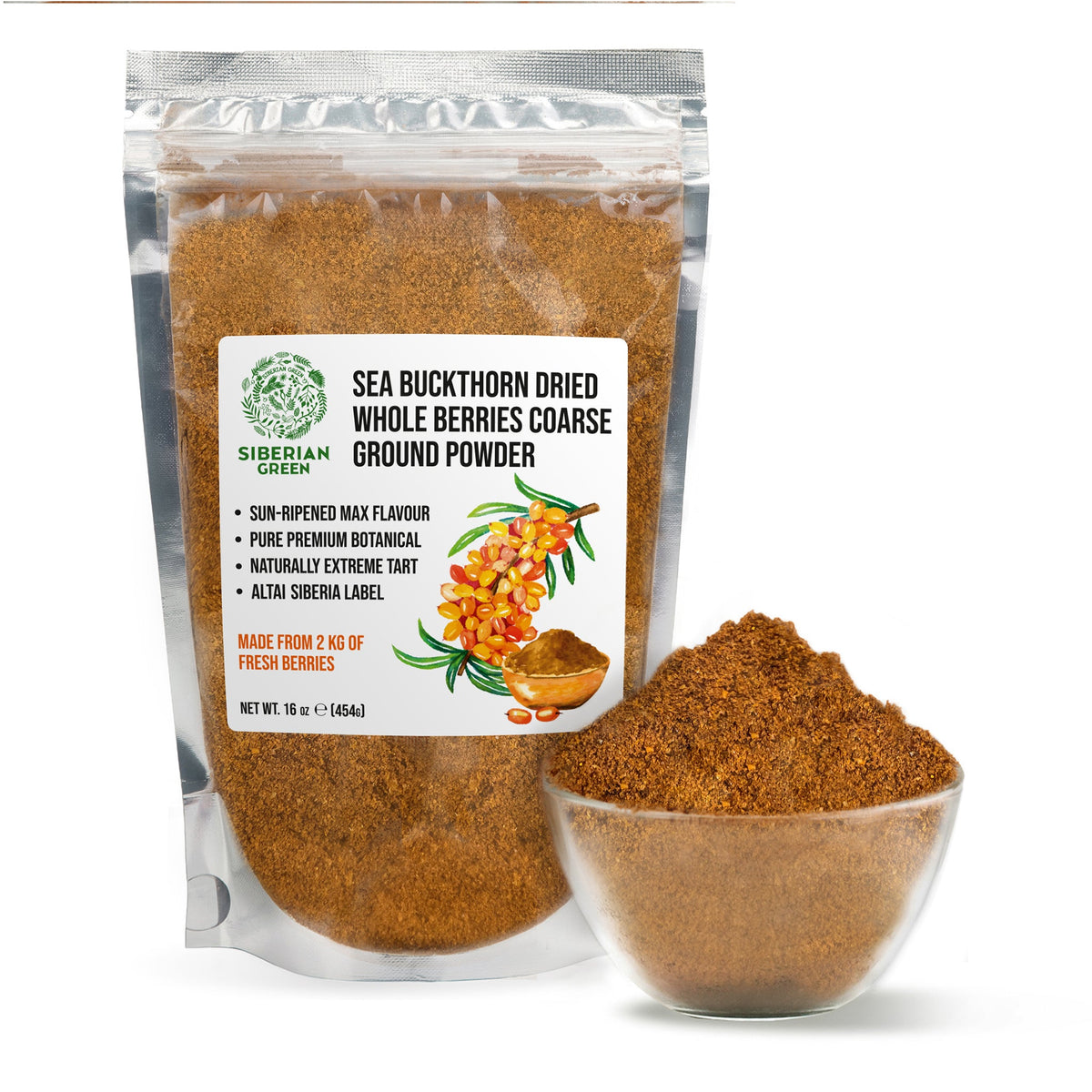 Siberian Green Sea Buckthorn Powder 454 g – Premium Superfruit – Herbal Tea and Smoothie Blend, Hippophae rhamnoides