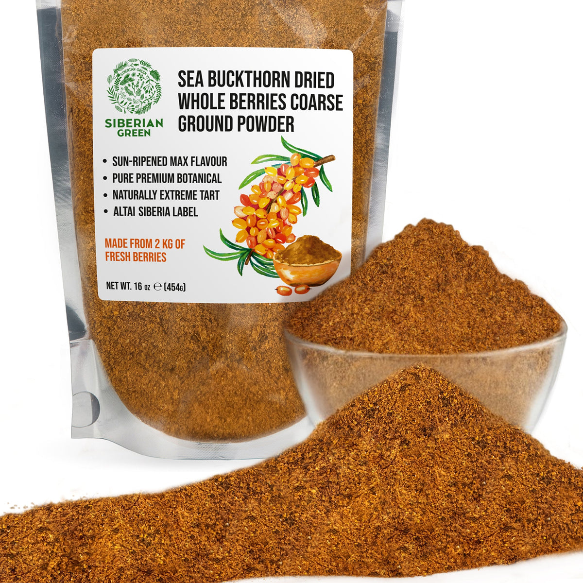 Siberian Green Sea Buckthorn Powder 454 g – Premium Superfruit – Herbal Tea and Smoothie Blend, Hippophae rhamnoides