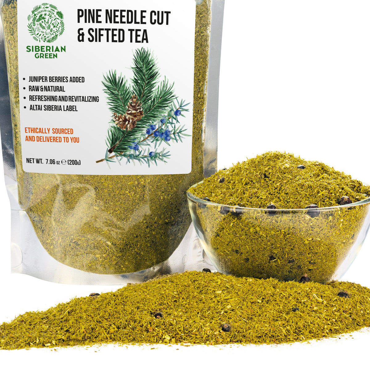Siberian Pine Needle Tea Powder with Juniper Berries – 200g | Wild-Harvested Herbal Wellness Mix