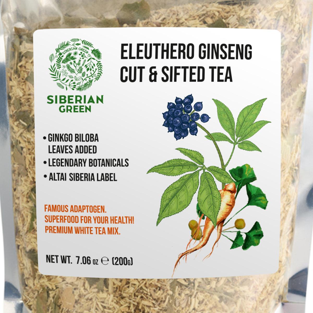 Siberian Ginseng Dried Root Powder with Ginkgo Biloba 200g (7.06 oz) Eleutherococcus Senticosus Siberian Eleuthero Cut Sifted 100% Pure Natural