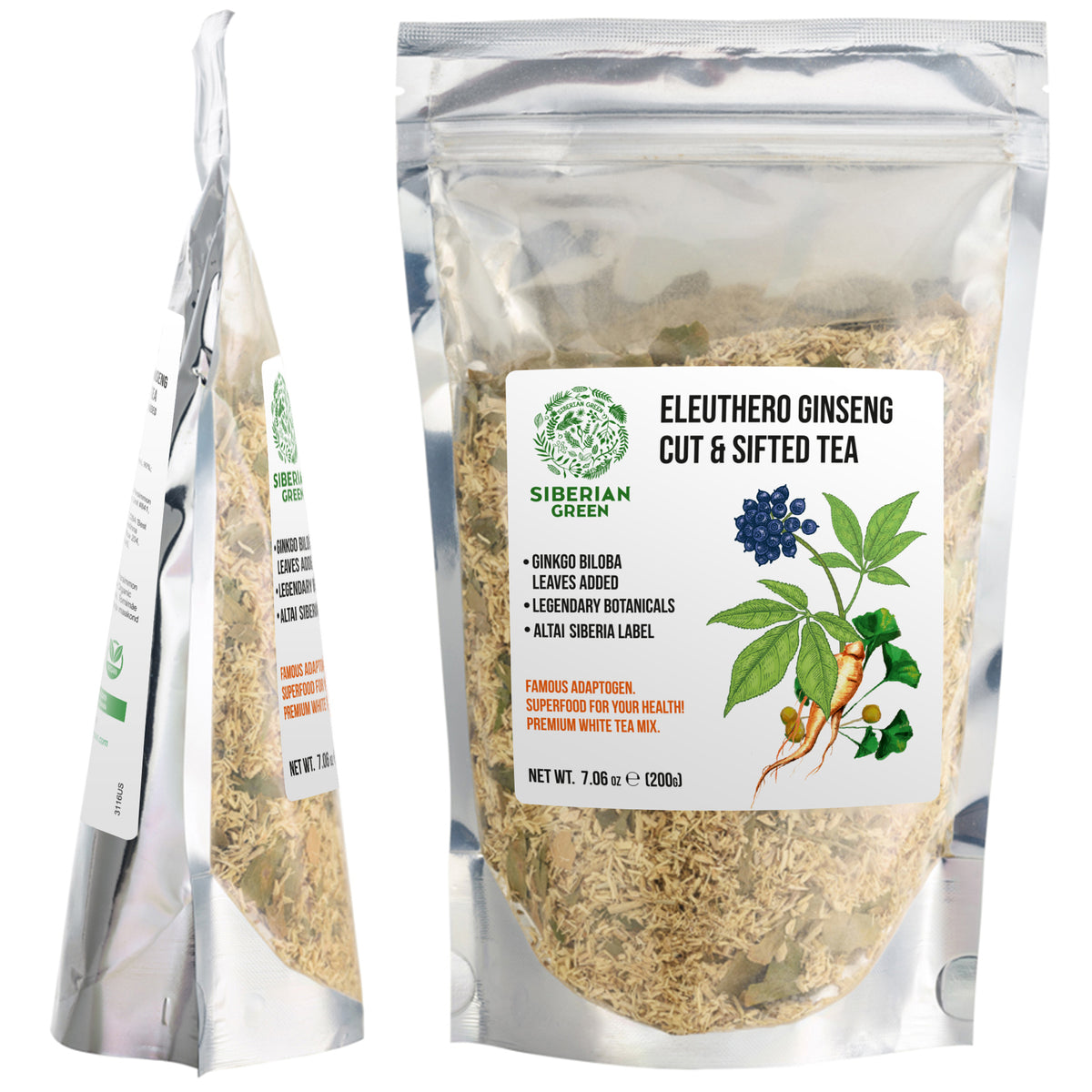 Siberian Ginseng Dried Root Powder with Ginkgo Biloba 200g (7.06 oz) Eleutherococcus Senticosus Siberian Eleuthero Cut Sifted 100% Pure Natural