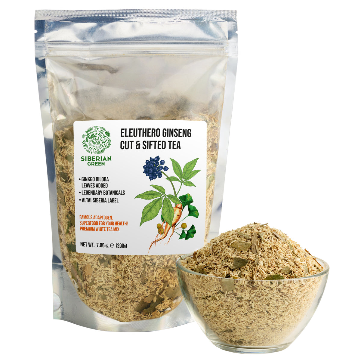 Siberian Ginseng Dried Root Powder with Ginkgo Biloba 200g (7.06 oz) Eleutherococcus Senticosus Siberian Eleuthero Cut Sifted 100% Pure Natural