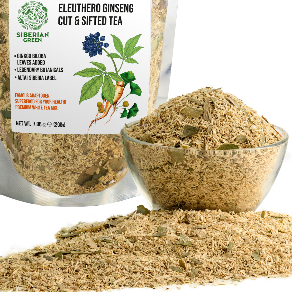 Siberian Ginseng Dried Root Powder with Ginkgo Biloba 200g (7.06 oz) Eleutherococcus Senticosus Siberian Eleuthero Cut Sifted 100% Pure Natural