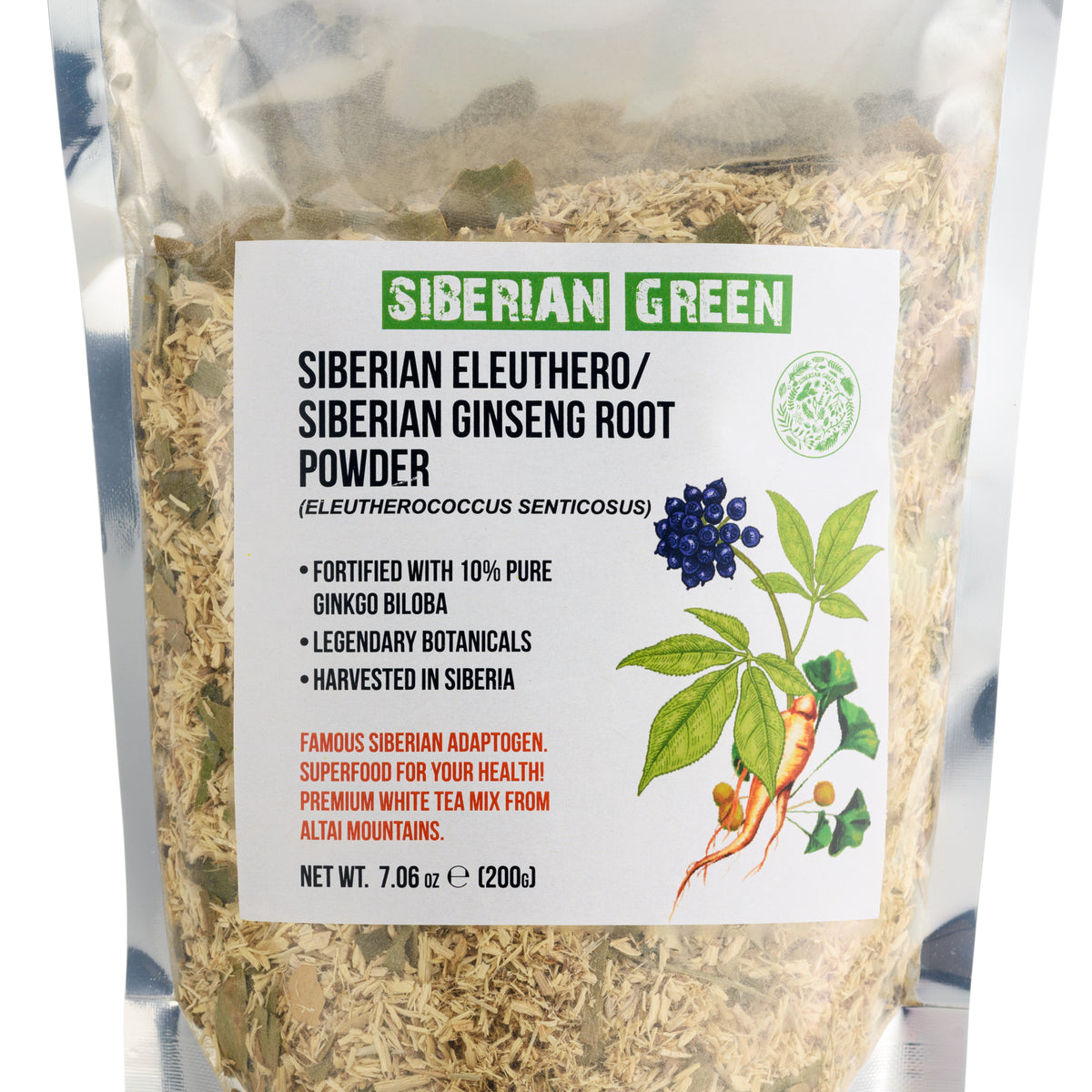 Siberian Ginseng Dried Root Powder with Ginkgo Biloba 200g (7.06 oz) Eleutherococcus Senticosus Siberian Eleuthero Cut Sifted 100% Pure Natural