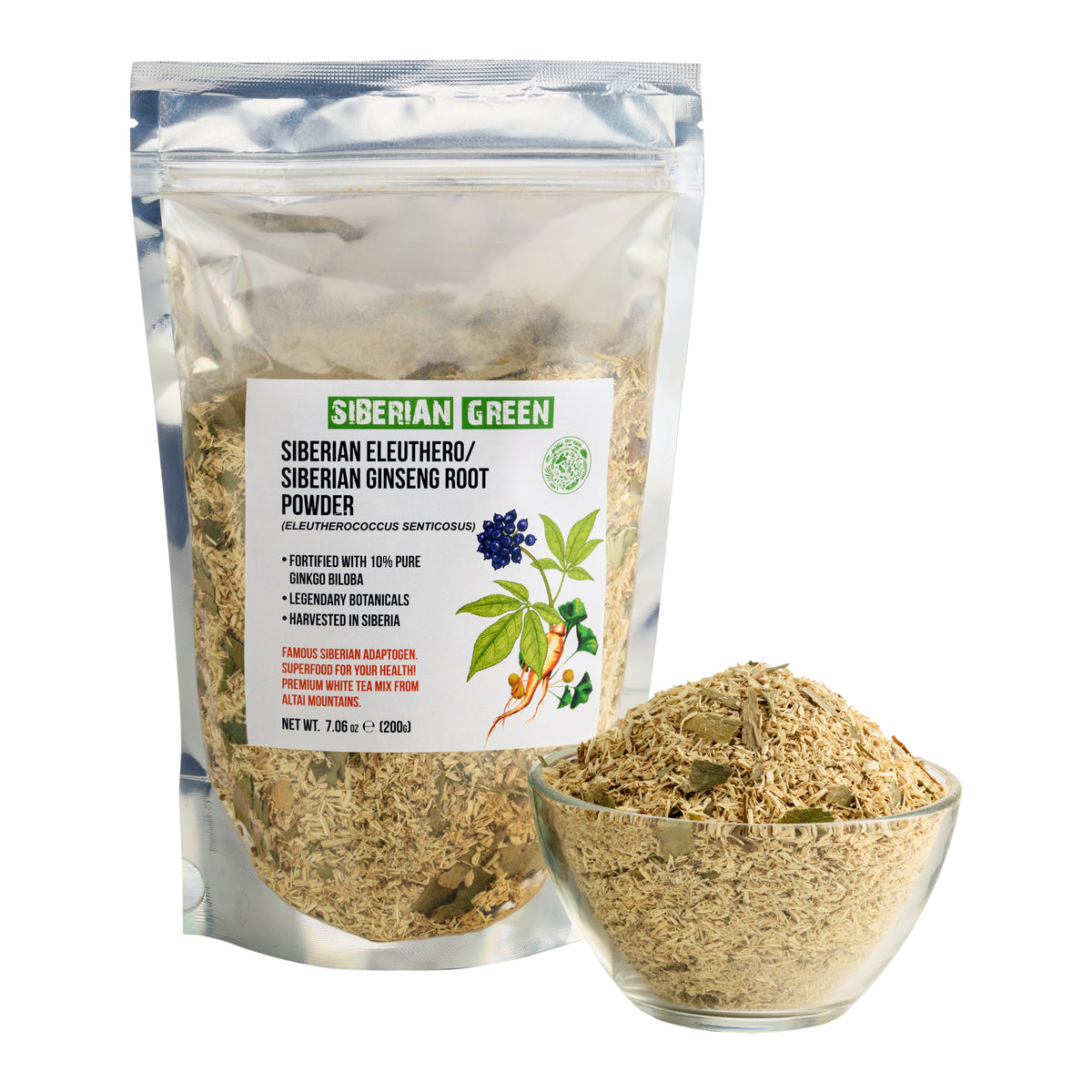 Siberian Ginseng Dried Root Powder with Ginkgo Biloba 200g (7.06 oz) Eleutherococcus Senticosus Siberian Eleuthero Cut Sifted 100% Pure Natural