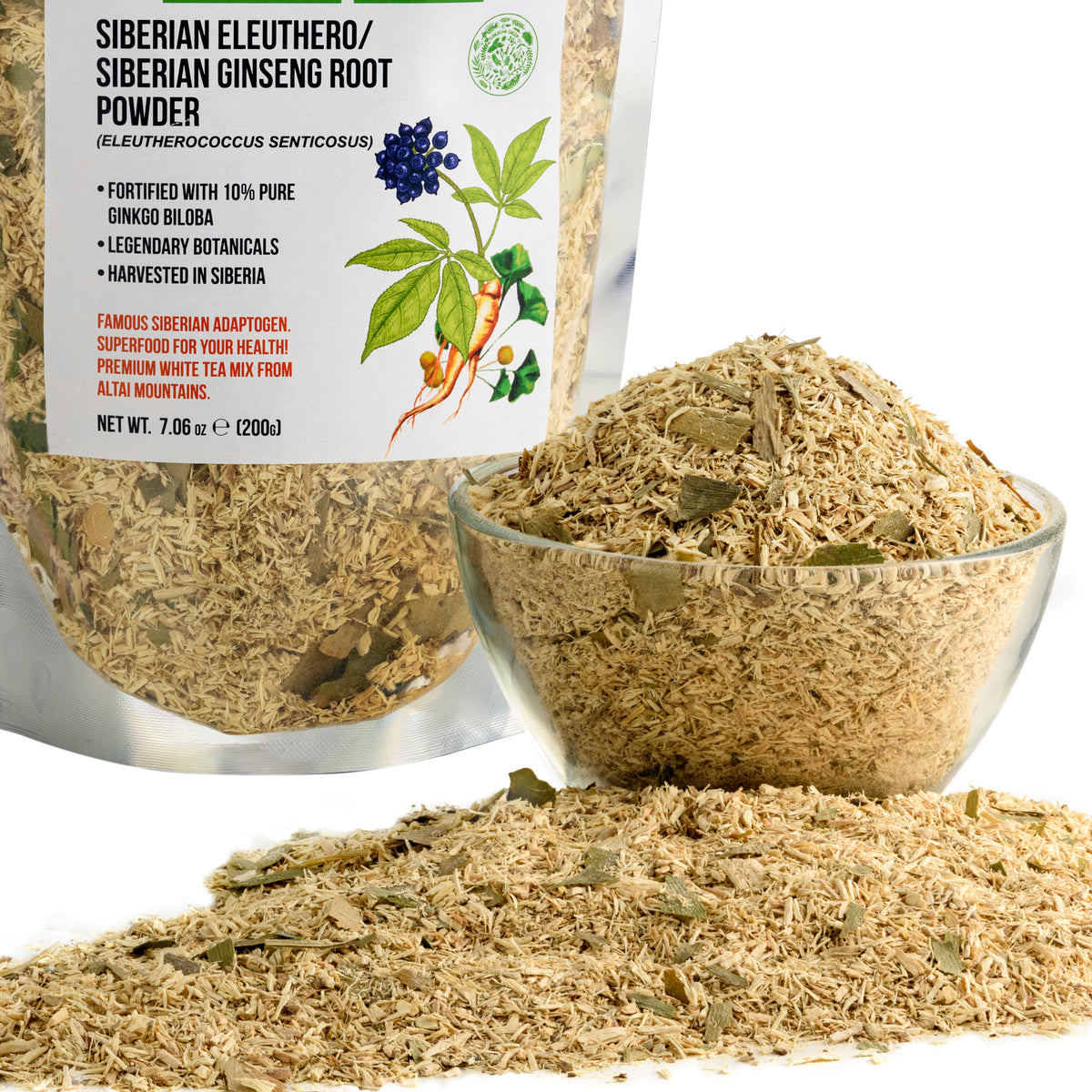 Siberian Ginseng Dried Root Powder with Ginkgo Biloba 200g (7.06 oz) Eleutherococcus Senticosus Siberian Eleuthero Cut Sifted 100% Pure Natural