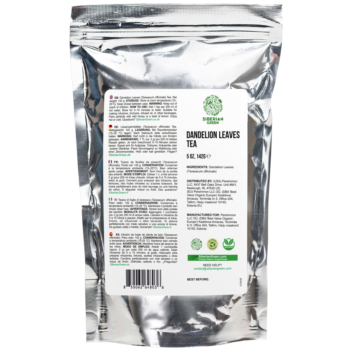 Siberian Green Dandelion Leaf Tea Australia Caffeine Free Herbal Tea Taraxacum officinale Loose Leaf 142 g