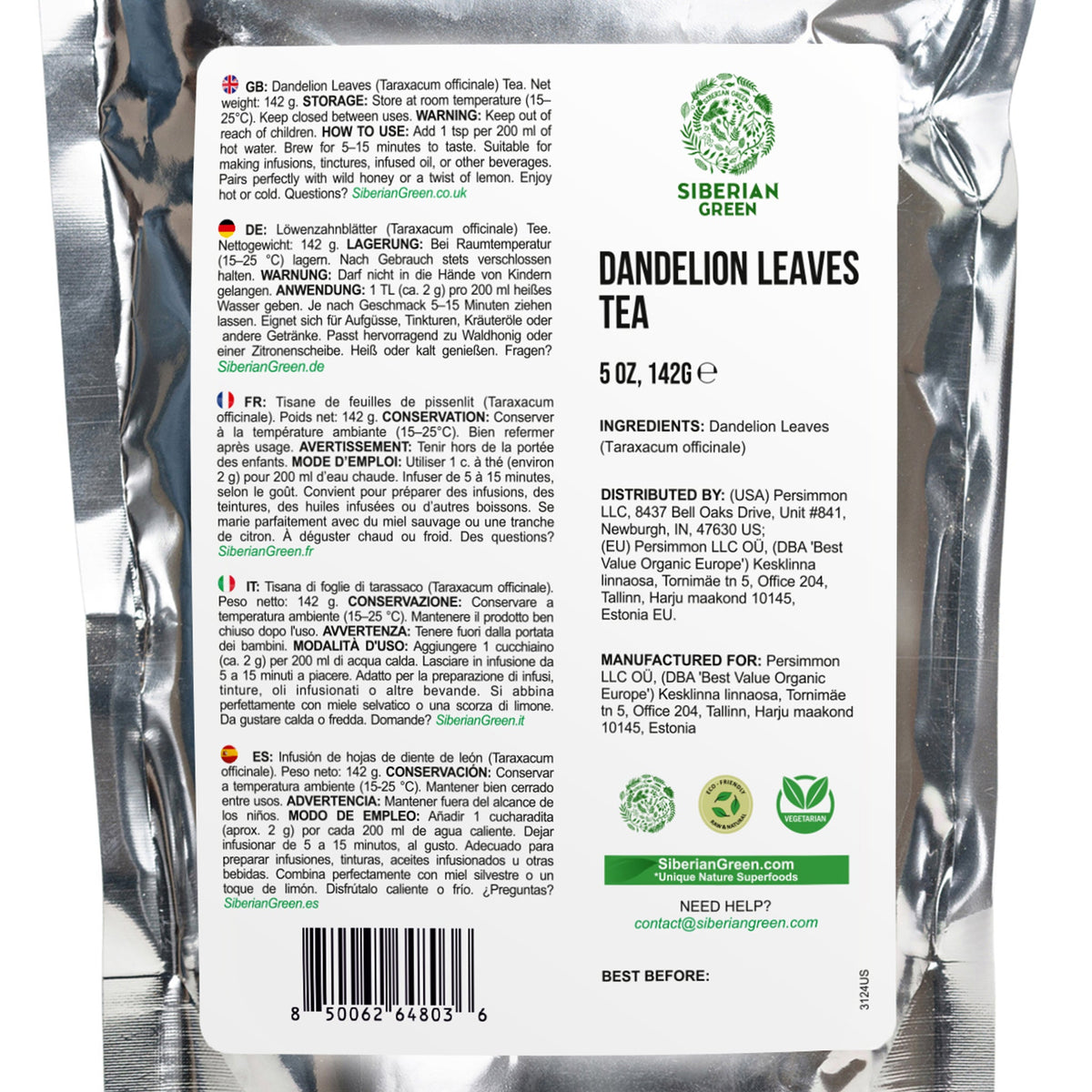Siberian Green Dandelion Leaf Tea Australia Caffeine Free Herbal Tea Taraxacum officinale Loose Leaf 142 g