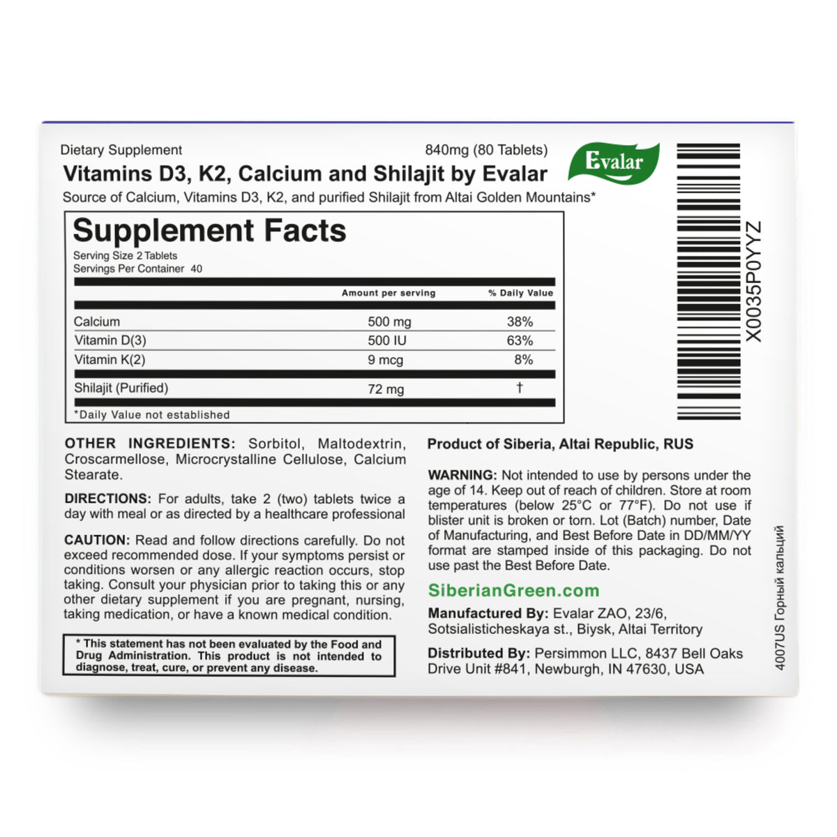 Mountain Calcium Evalar 80 Tabs with Siberian Altai Golden Shilajit