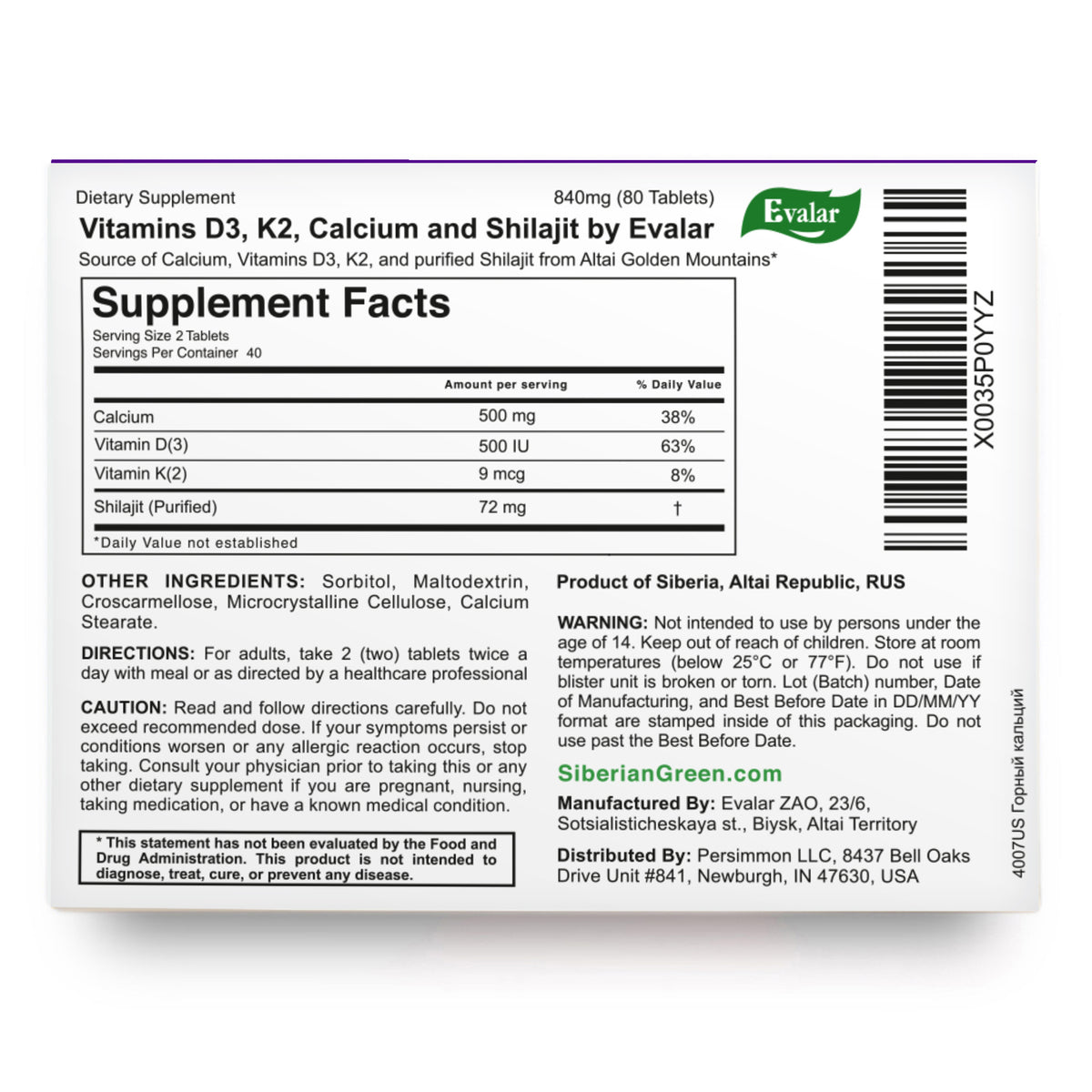 Mountain Calcium Evalar 80 Tabs with Siberian Altai Golden Shilajit