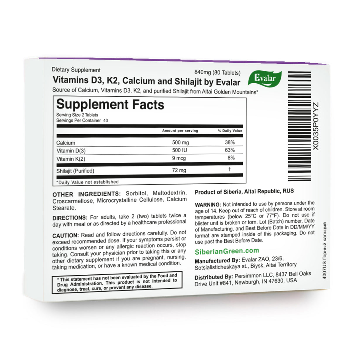 Mountain Calcium Evalar 80 Tabs with Siberian Altai Golden Shilajit