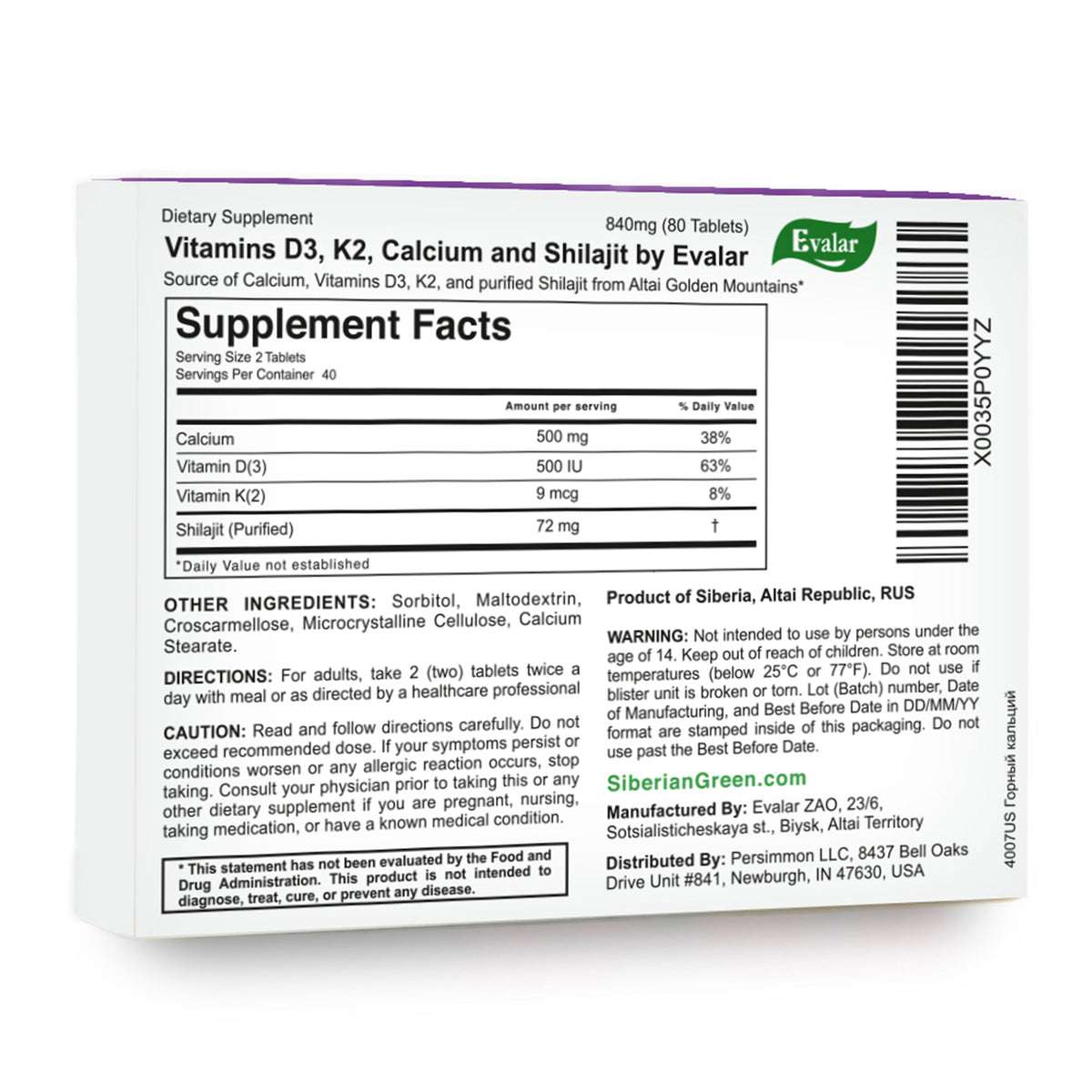 Mountain Calcium Evalar 80 Tabs with Siberian Altai Golden Shilajit