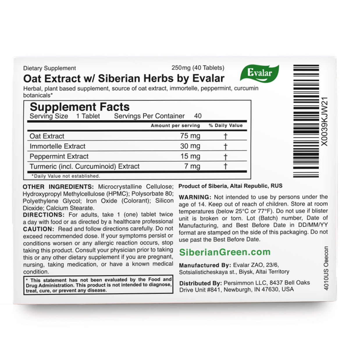 Ovesol Evalar Oat Extract 40 Tabs