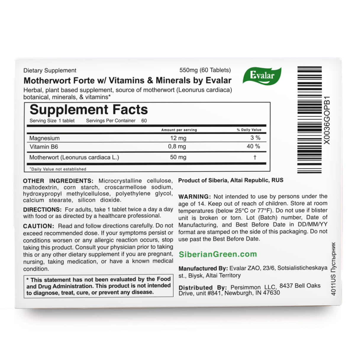 Motherwort by Evalar 40 Tabs