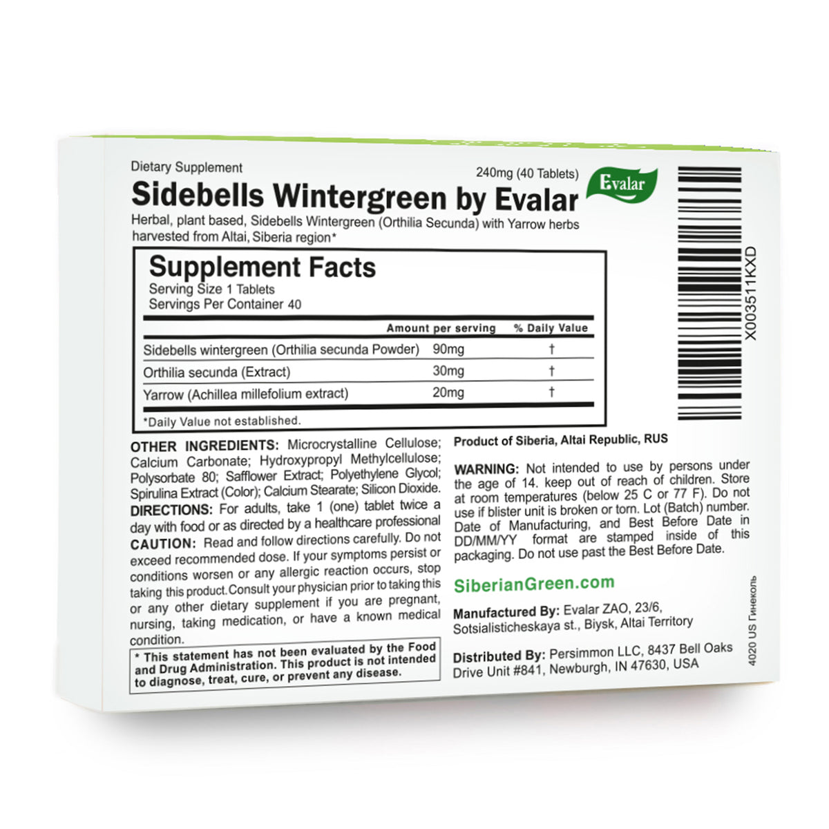 Orthilia Secunda Sidebells Wintergreen Yarrow Evalar 40 Tabs