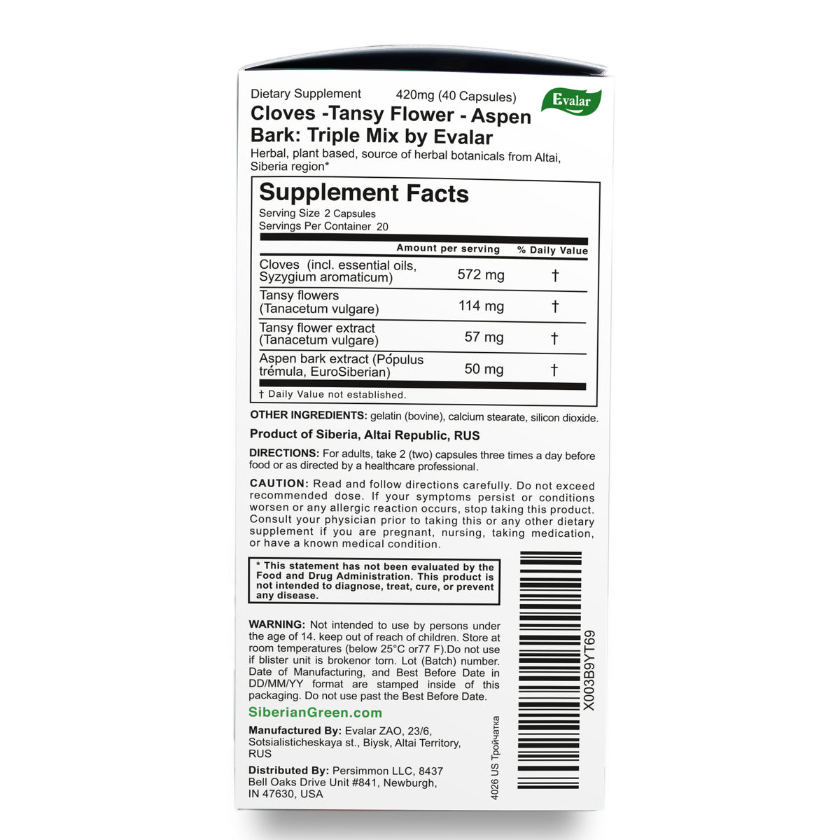 Cloves Tansy Aspen Herbal Mix by Evalar 40 Caps