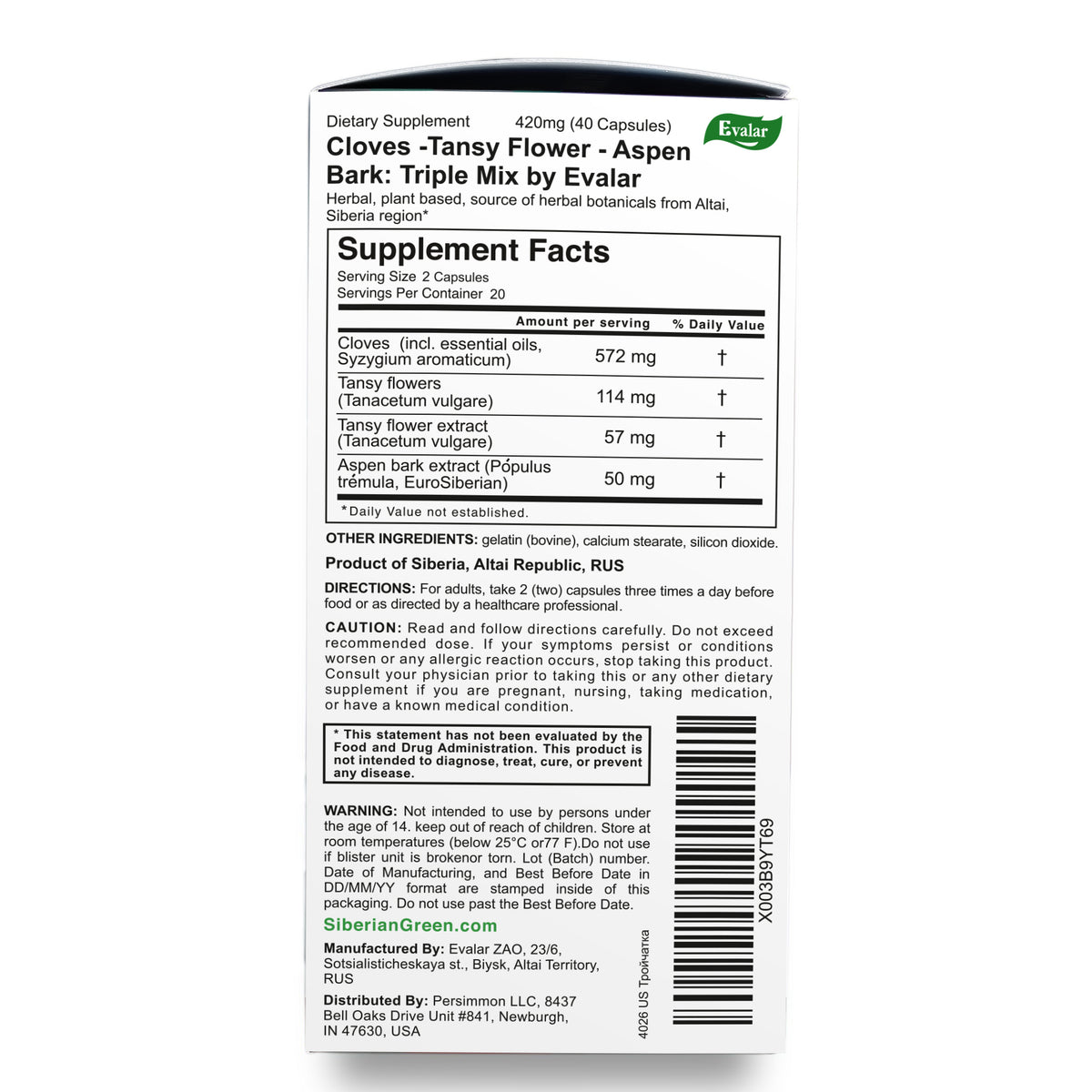 Cloves Tansy Aspen Herbal Mix by Evalar 40 Caps