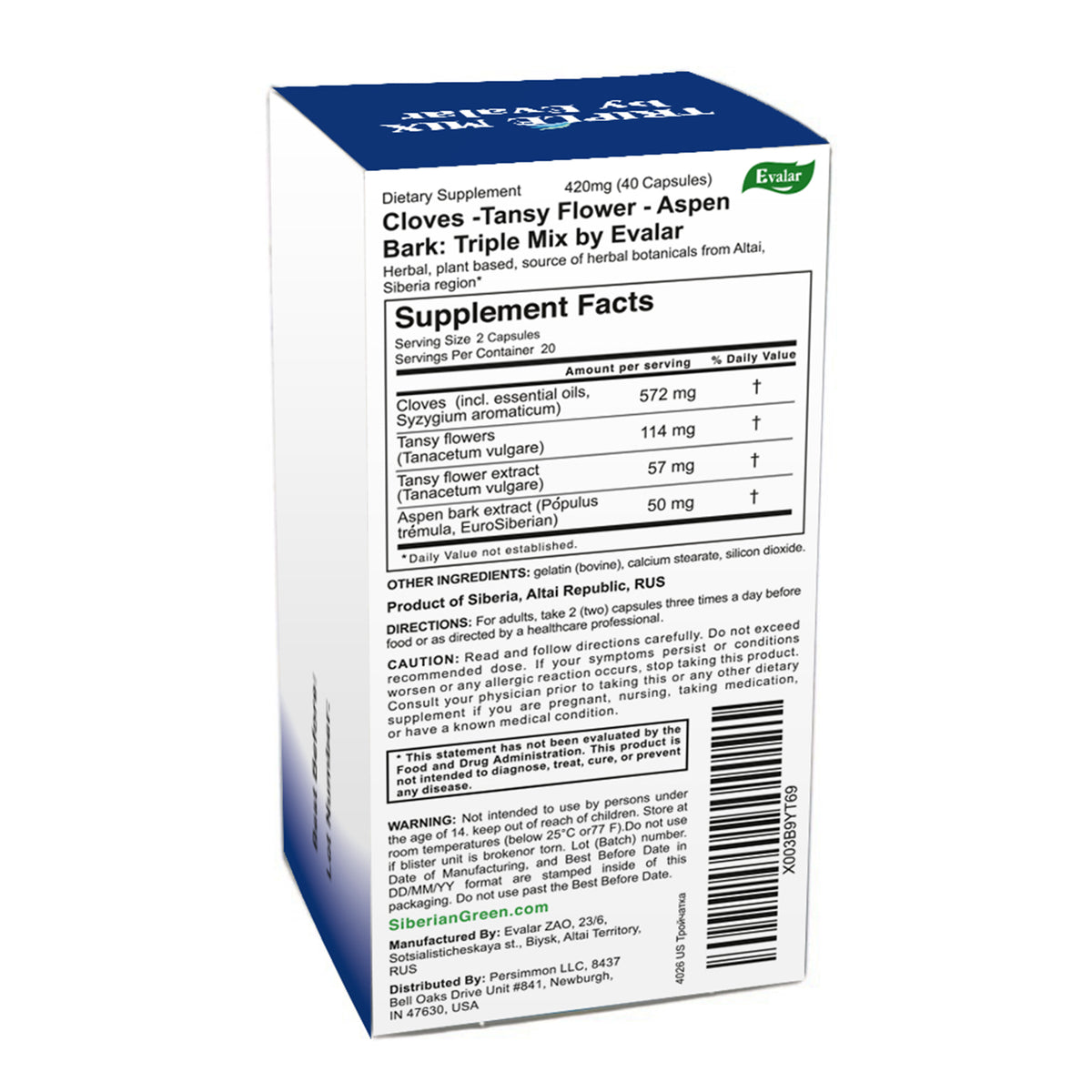 Cloves Tansy Aspen Herbal Mix by Evalar 40 Caps